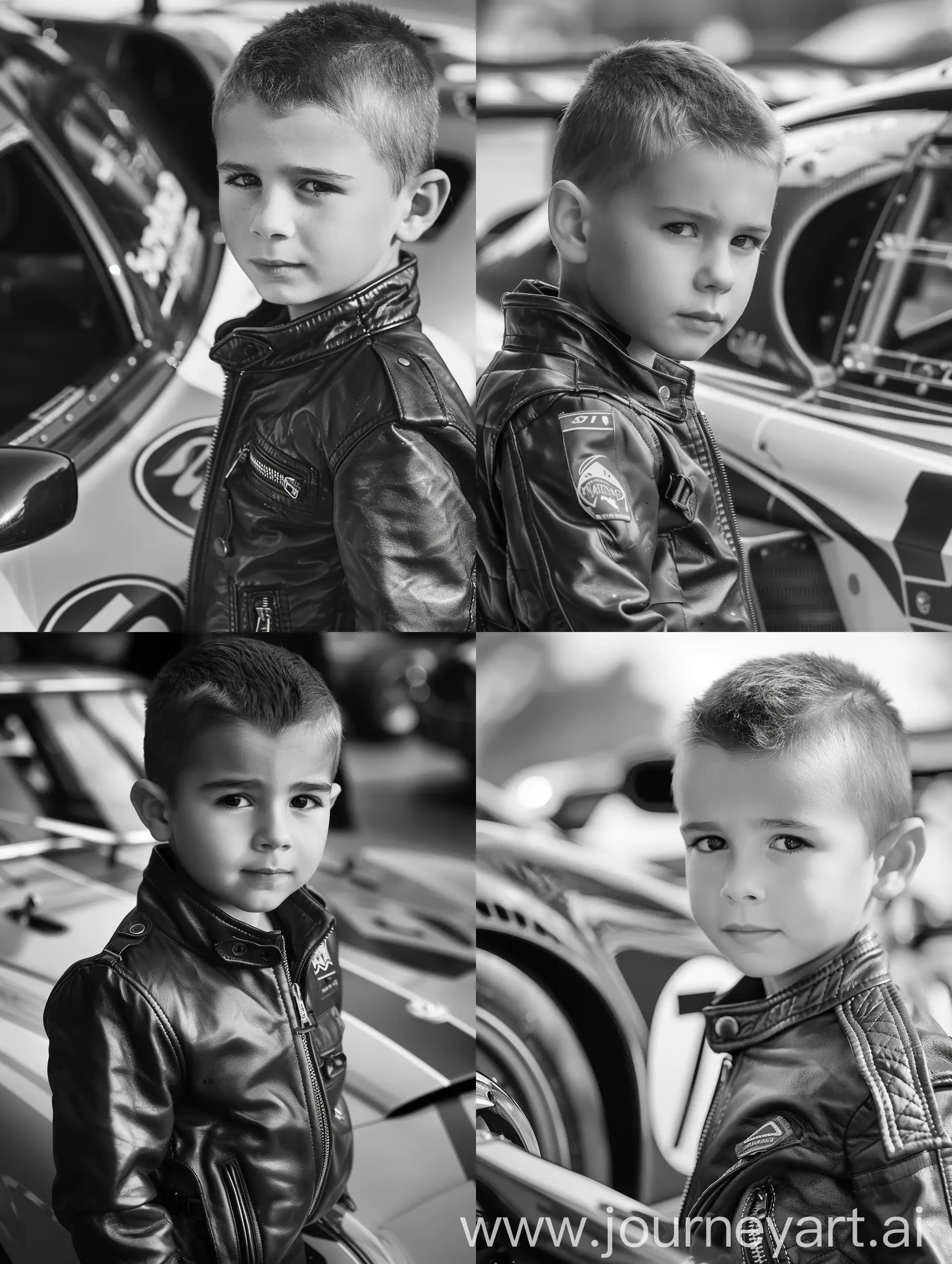A little boy with short hair, wearing a leather jacket, seven years old, stands next to a cool tuned racing car, realistic photo, hyperrealism, face is clearly visible, looks at the camera, wide angle
