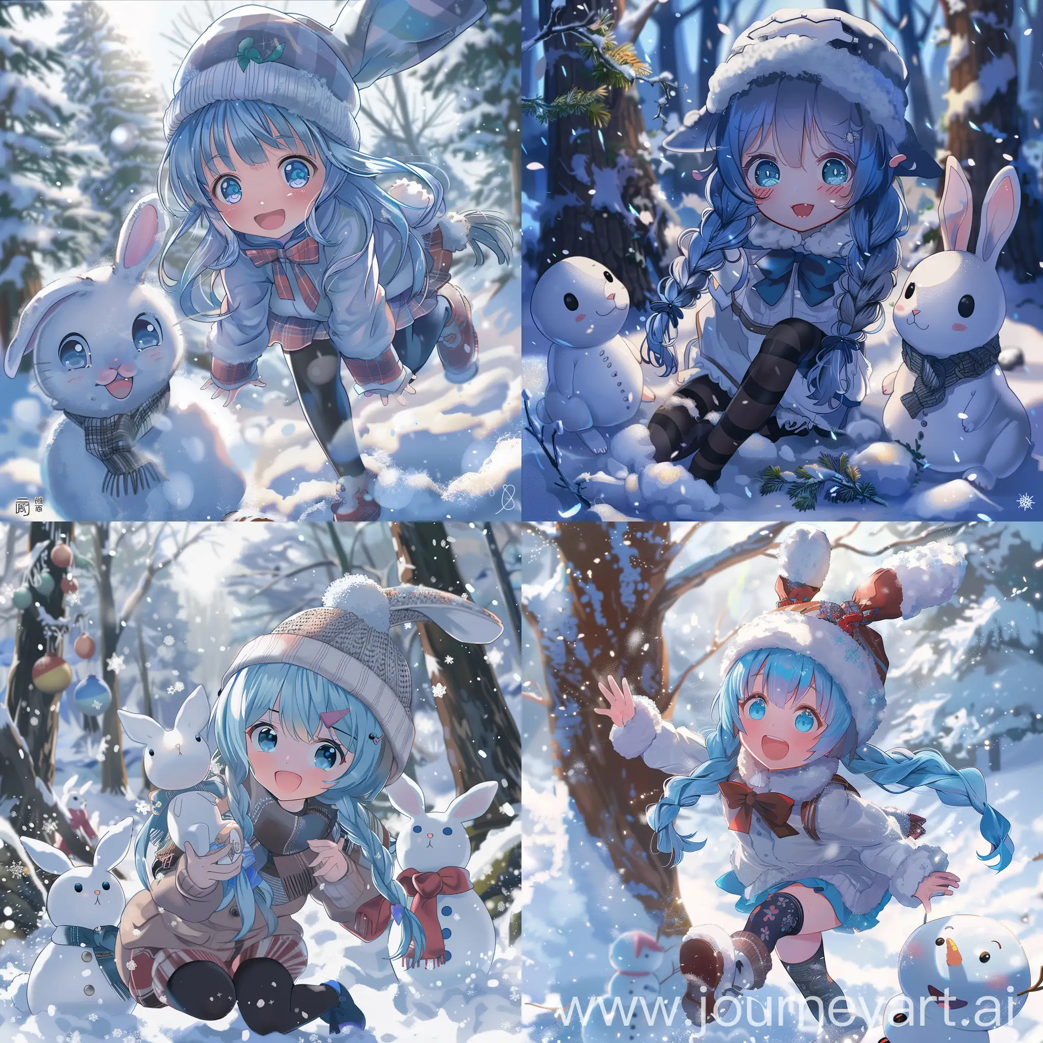 Winter-Wonderland-Little-Girl-in-Snow-with-Snow-Bunny-and-Snowman