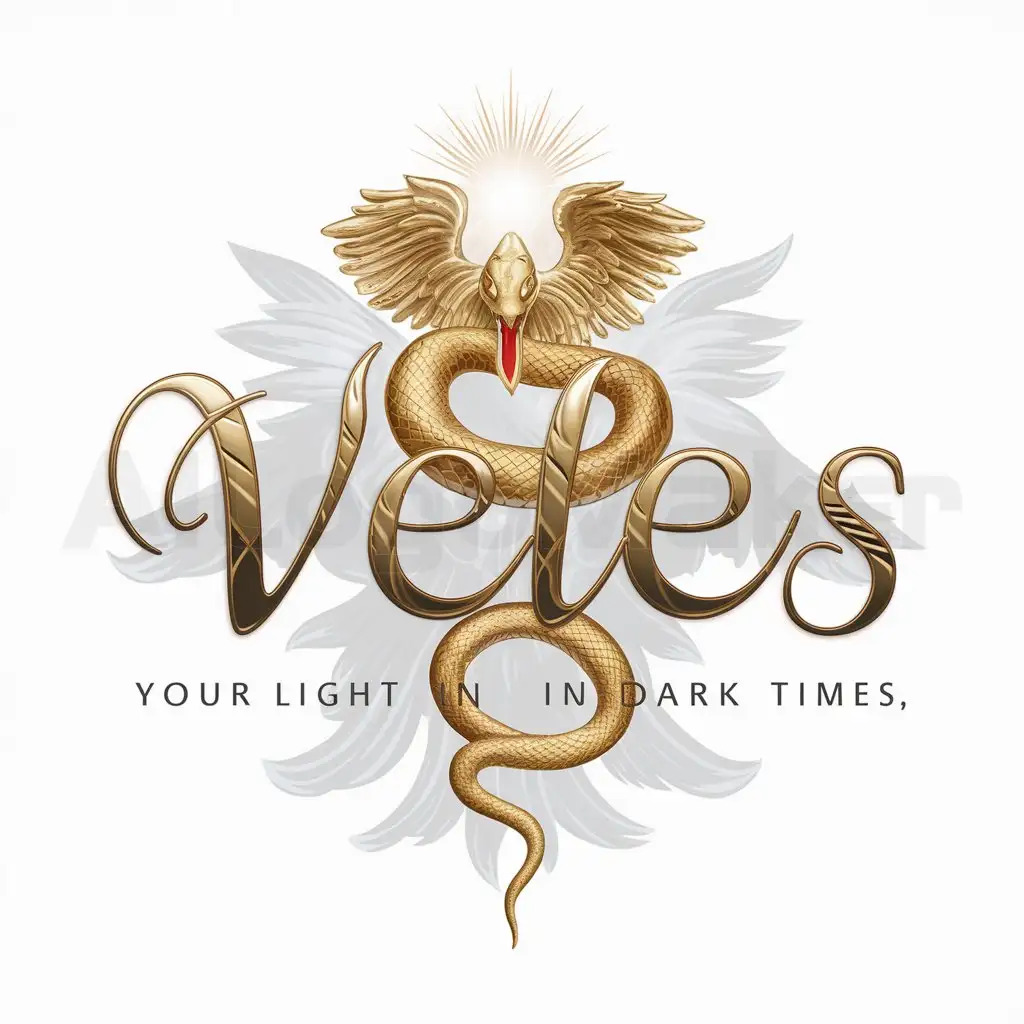 a logo design,with the text "Veles, Your Light In Dark Times", main symbol:Snake heavenly light gold,complex,be used in Religious industry,clear background