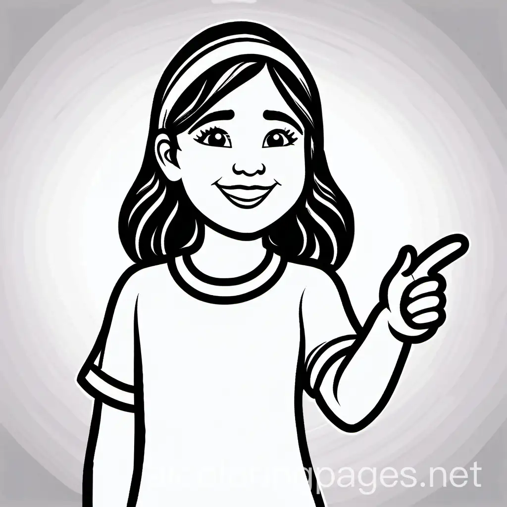 smiling girl child pointing her finger  to the right direction


, Coloring Page, black and white, line art, white background, Simplicity, Ample White Space. The background of the coloring page is plain white to make it easy for young children to color within the lines. The outlines of all the subjects are easy to distinguish, making it simple for kids to color without too much difficulty