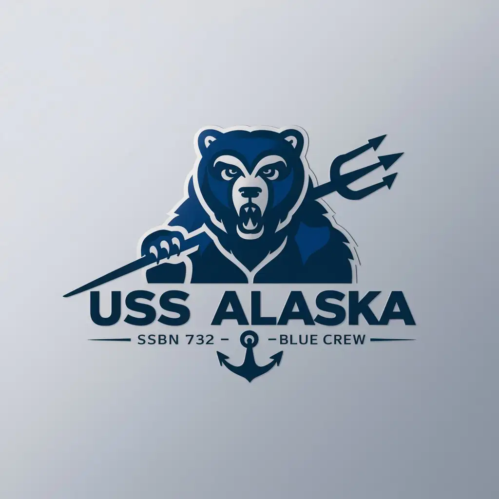 a logo design,with the text "USS Alaska - SSBN 732 - Blue Crew", main symbol:mean bear with trident and anchor,Moderate,clear background