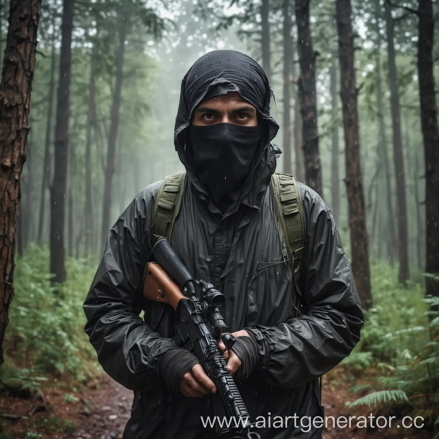 терорист в лесу с плохой погодой смотрит в камеру
