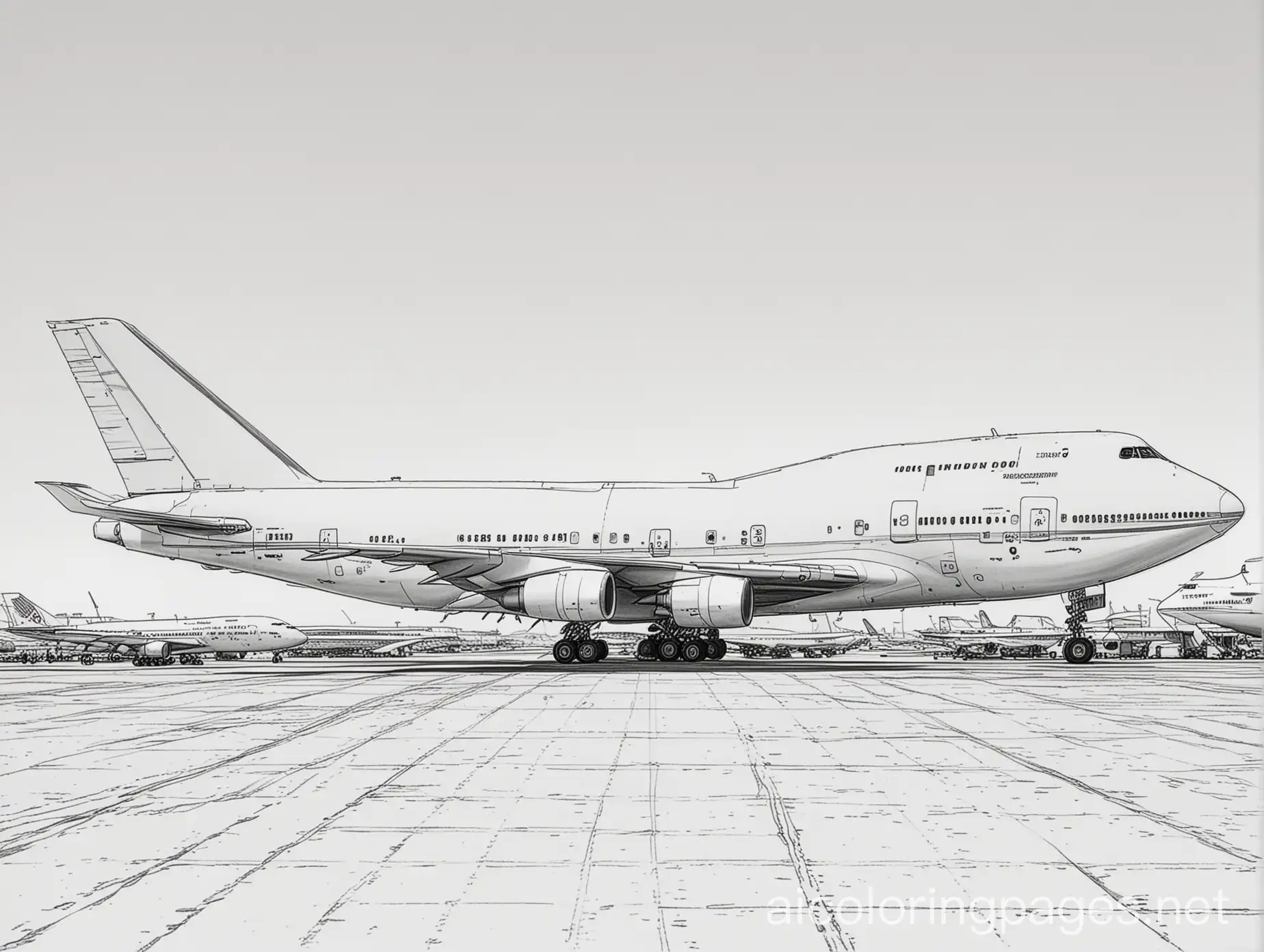 airport with departing one boeing 747, Coloring Page, black and white, line art, white background, Simplicity, Ample White Space. The background of the coloring page is plain white to make it easy for young children to color within the lines. The outlines of all the subjects are easy to distinguish, making it simple for kids to color without too much difficulty