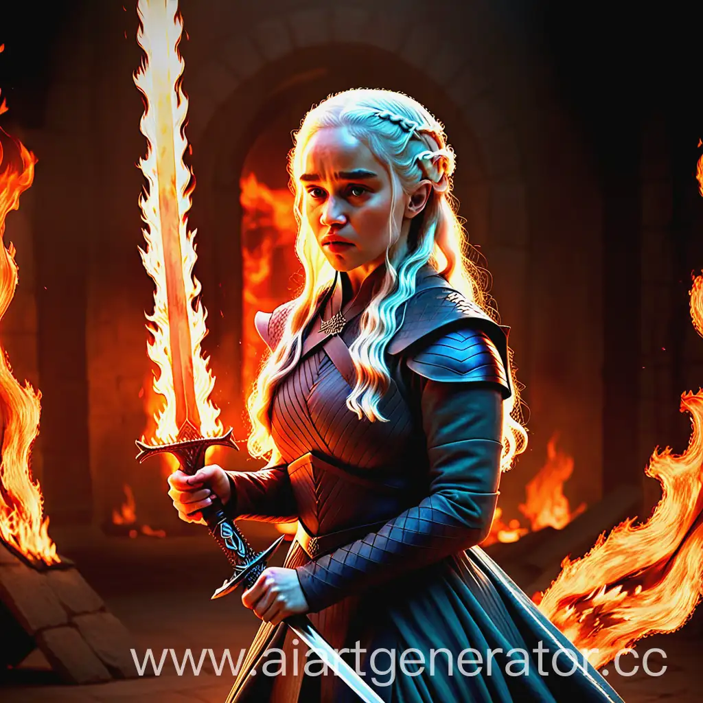 daenerys targaryen emilia clarke with sword in flames