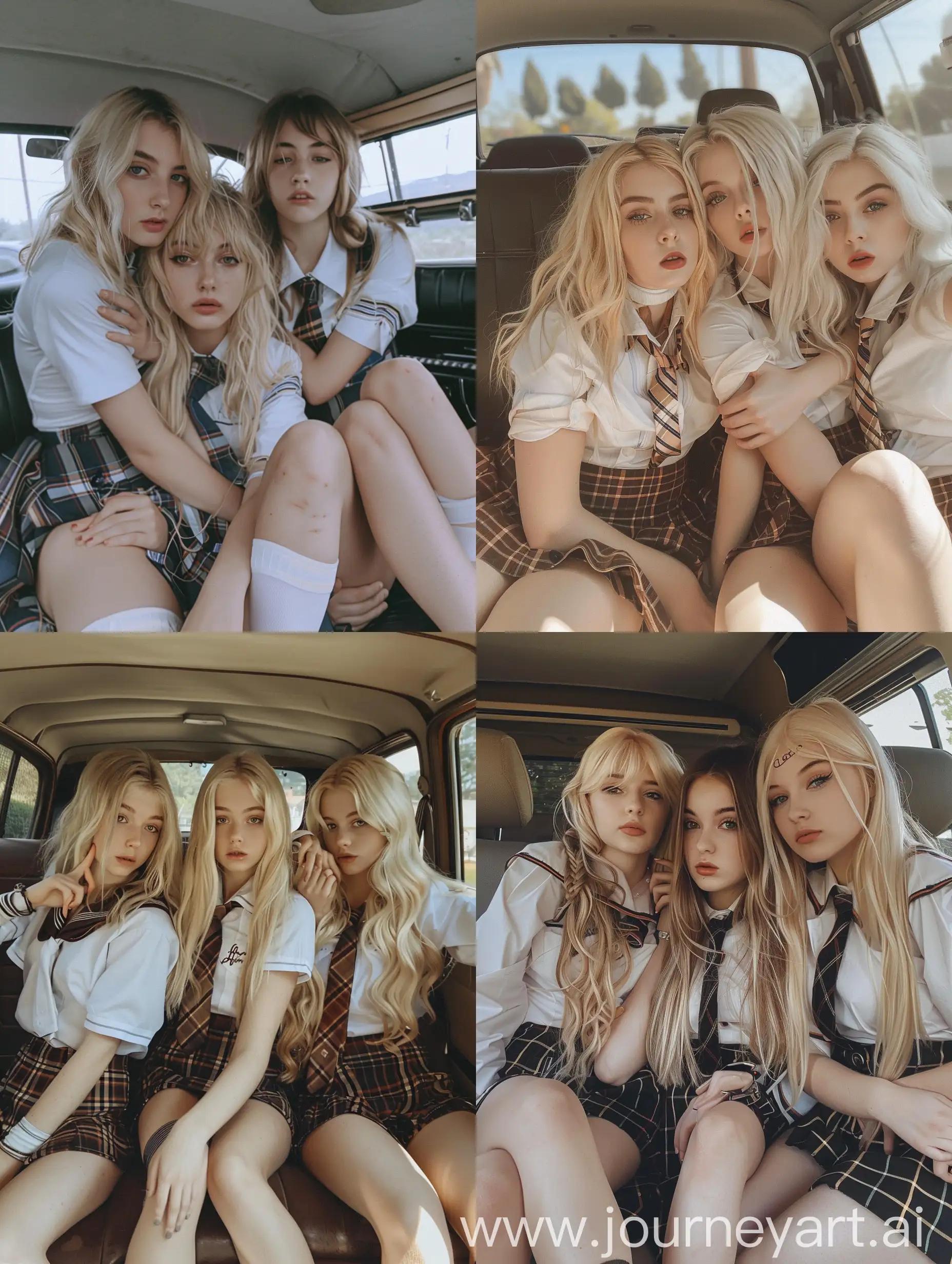 3 girls, 22 years old, blonde hair, , school uniform, posing,  , makeup,  inside car, , no effects, no filters, , , natural , iphone photo natural, fat legs