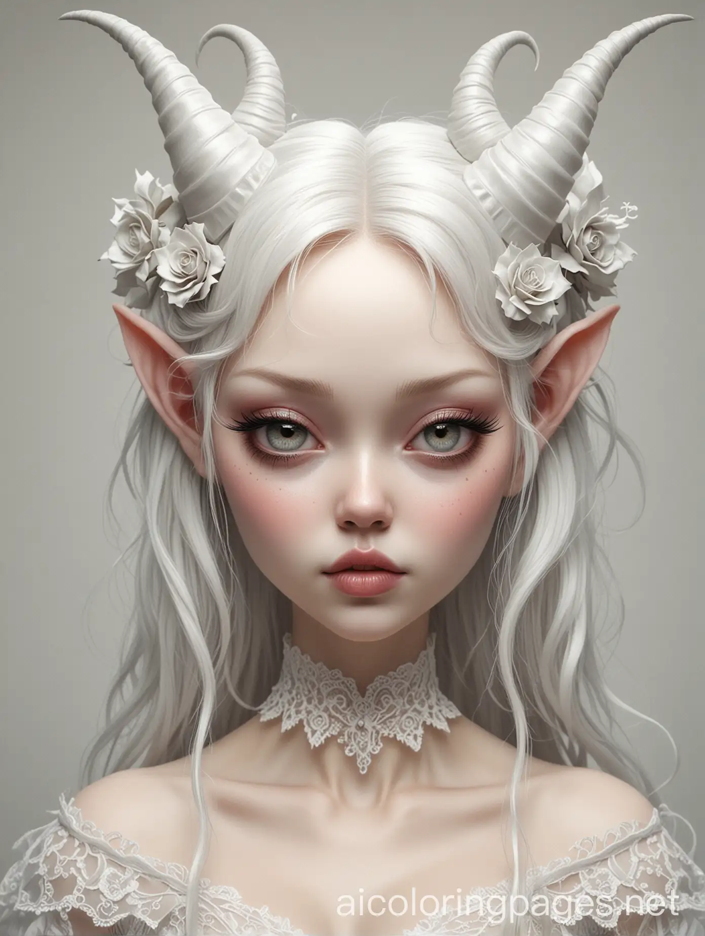 create a coloring book in surrealistic style of nicoletta ceccoli and mark ryden,  a drawing of a beautiful succubus demon woman. Her long, silky hair, full of mysterious light. Her face has symmetrical features, high cheekbones, full lips, and a gently curved nose. Add subtle demonic traits such as thin, membranous wings, sharp claws, and horns hidden among her hair. Her outfit is made of delicate materials like silk and lace, a powerful aura of magnetism and allure. highly detailed, lee bermejo, kim jung gi, hi - fructose art magazine, smooth shading techniques, still from animated horror movie,  one line artwork print, by Yang Jin, Coloring Page, black and white, line art, white background, Simplicity, Ample White Space.