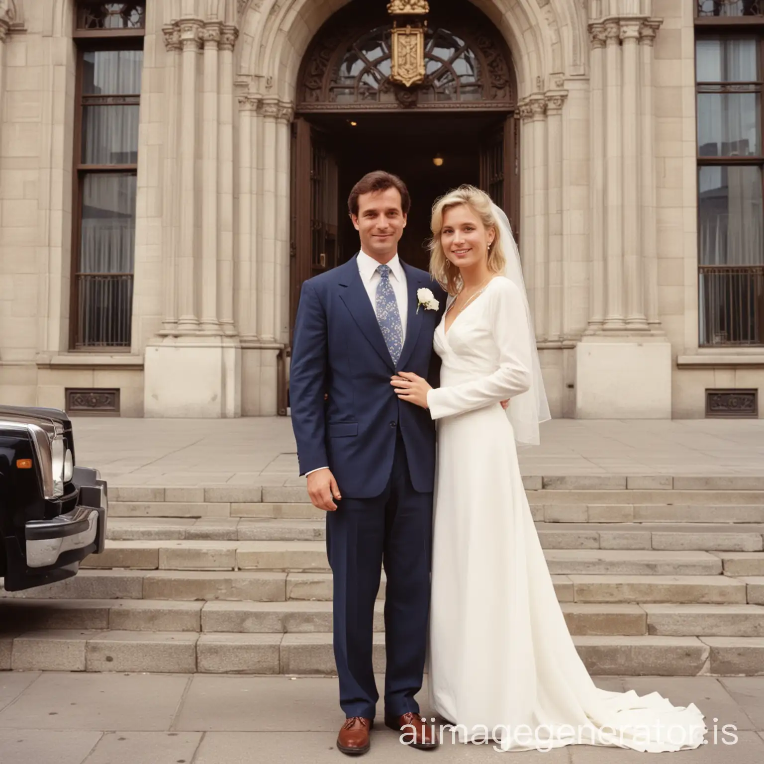 a guy of 39 years old and his beautiful blonde wife of 38 years old on their wedding day, with a simple but beautiful dress coming out of the city hall in 1988