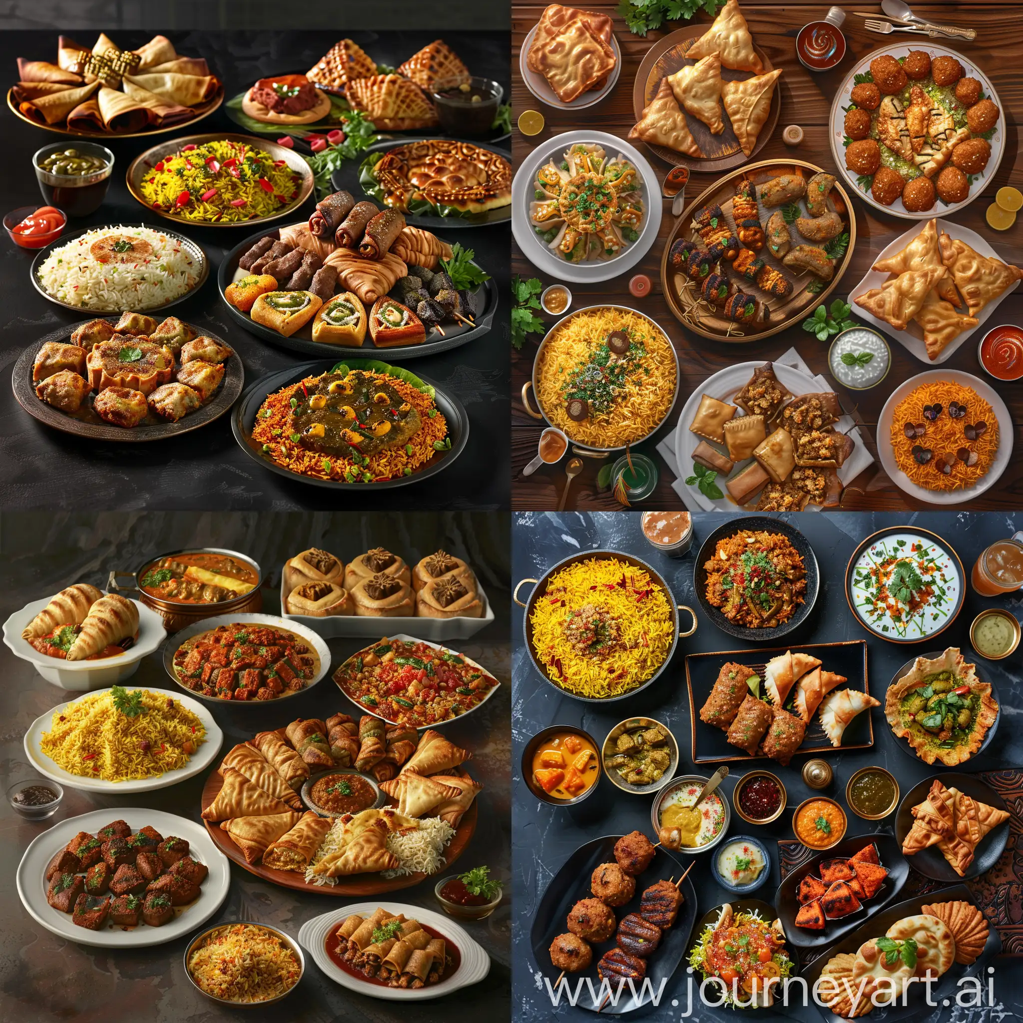 Produce a hyper-realistic photo. Craft an image that showcases a selection of traditional dishes such as biryani, kebabs, samosas, and desserts like baklava and maamoul, all beautifully arranged on the dinner