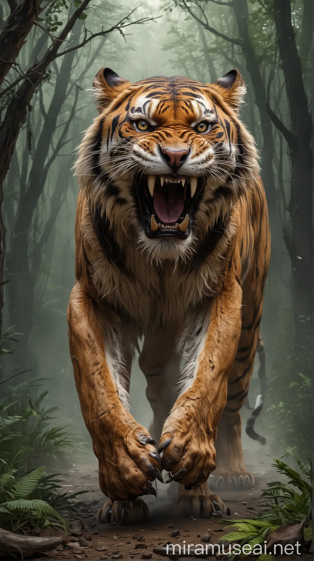 Fierce SaberToothed Tiger Roaring in the Wilderness