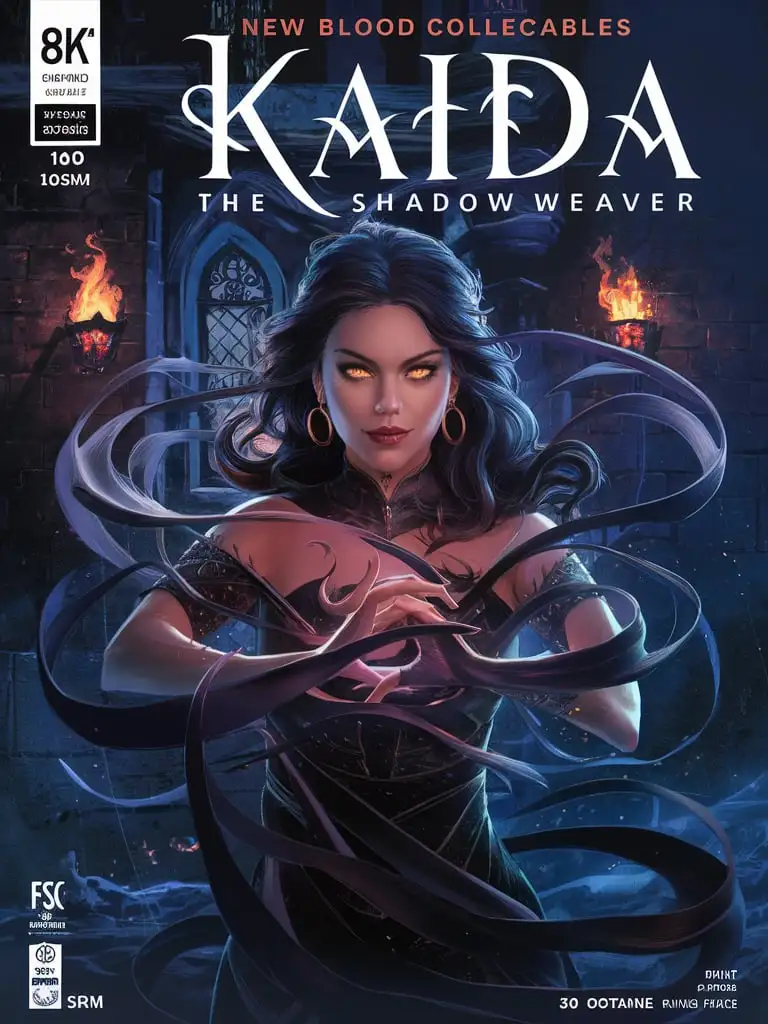  "Design an 8k #1 comic book cover for ""New Blood Collectables"" featuring ""Kaida, the Shadow Weaver."" Use FSC-certified uncoated matte paper, 80 lb (120 gsm), with a slightly textured surface. Kaida is shown controlling shadows around her, her eyes gleaming with dark magic. The background is a dark, gothic castle with detailed stonework and flickering torches. The cover emphasizes her dark beauty and the strength of her shadow-weaving abilities, with intricate details in her clothing and the swirling shadows. Specifications: Add_Details\_XL-fp16 algorithm, 3D octane rendering style (3DMM\_V12) with the mdjrny-v4 style, infused with global illumination --q 180 --s 275 --ar 3:4 --chaos 500 --w 500."