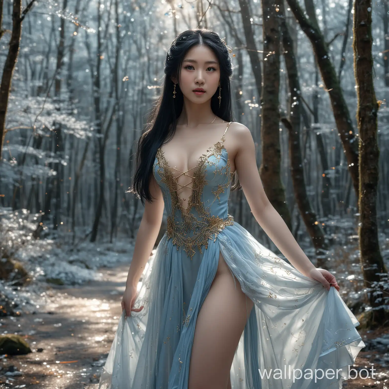 young japanese girl. long blue black hair with gold ornaments. wear cleavage dress with long slith skirt. porcelain skins. strap heels. no wear bra. no wear panties. big breast. ballet pose. icy forrest in backgrund, light from firefly. hdr. 8k detail