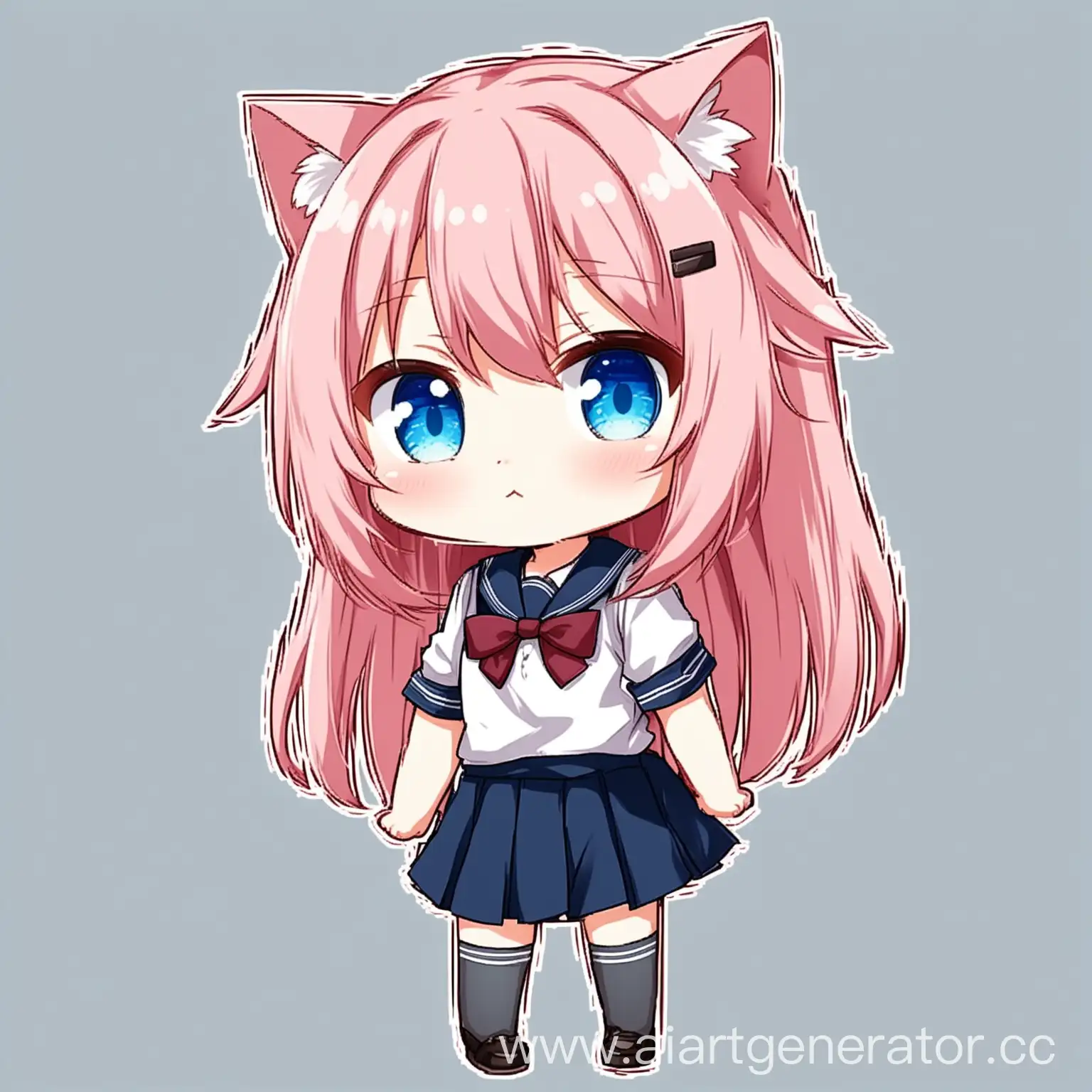 аниме кошко девочка с розовыми волосами, голубыми глазами, в школьной форме и в чиби стиле без фона