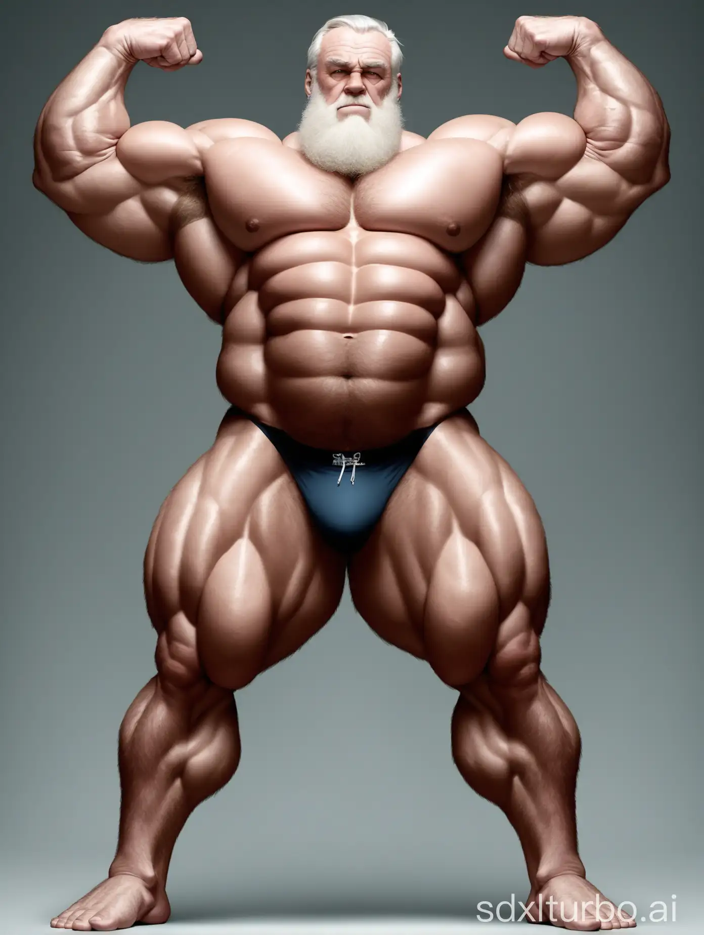 White skin and massive muscle stud，full bodyhair，Huge and giant and Strong body，Very strong legs， 2m tall，very Big Chest，very Big biceps，very 8-pack abs，Very Massive muscle Body，Wearing underwear，he is giant tall，very fat，very fat，Full Body，very long strong legs， raise his arms to show his huge biceps ，raise his arms to show his huge biceps，very old man，very handsome men，