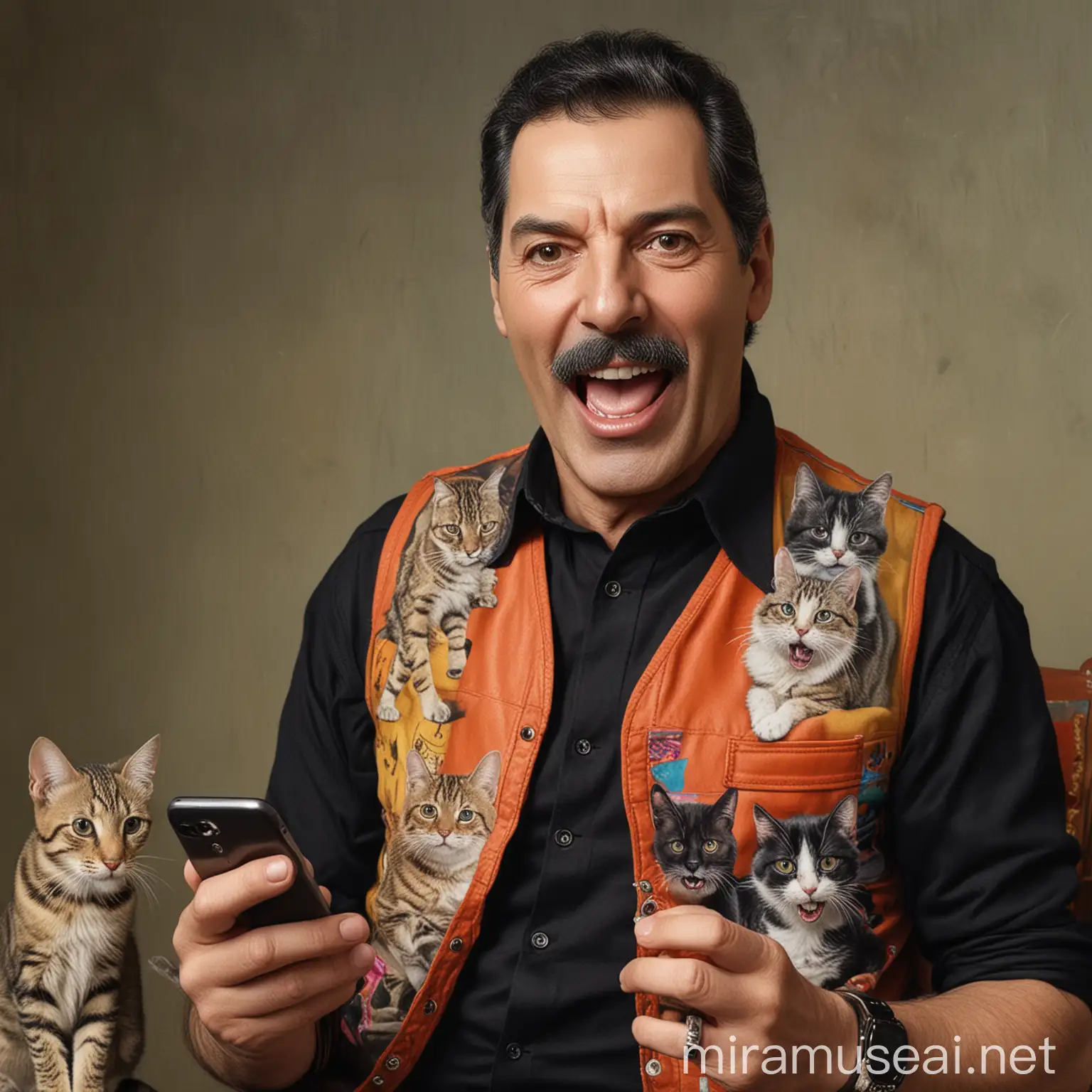 A hyper-realistic photo of a 60-year old Freddie Mercury wearing a black shirt and a coloured gilet with cats painted on it; he's watching a smartphone and laughing