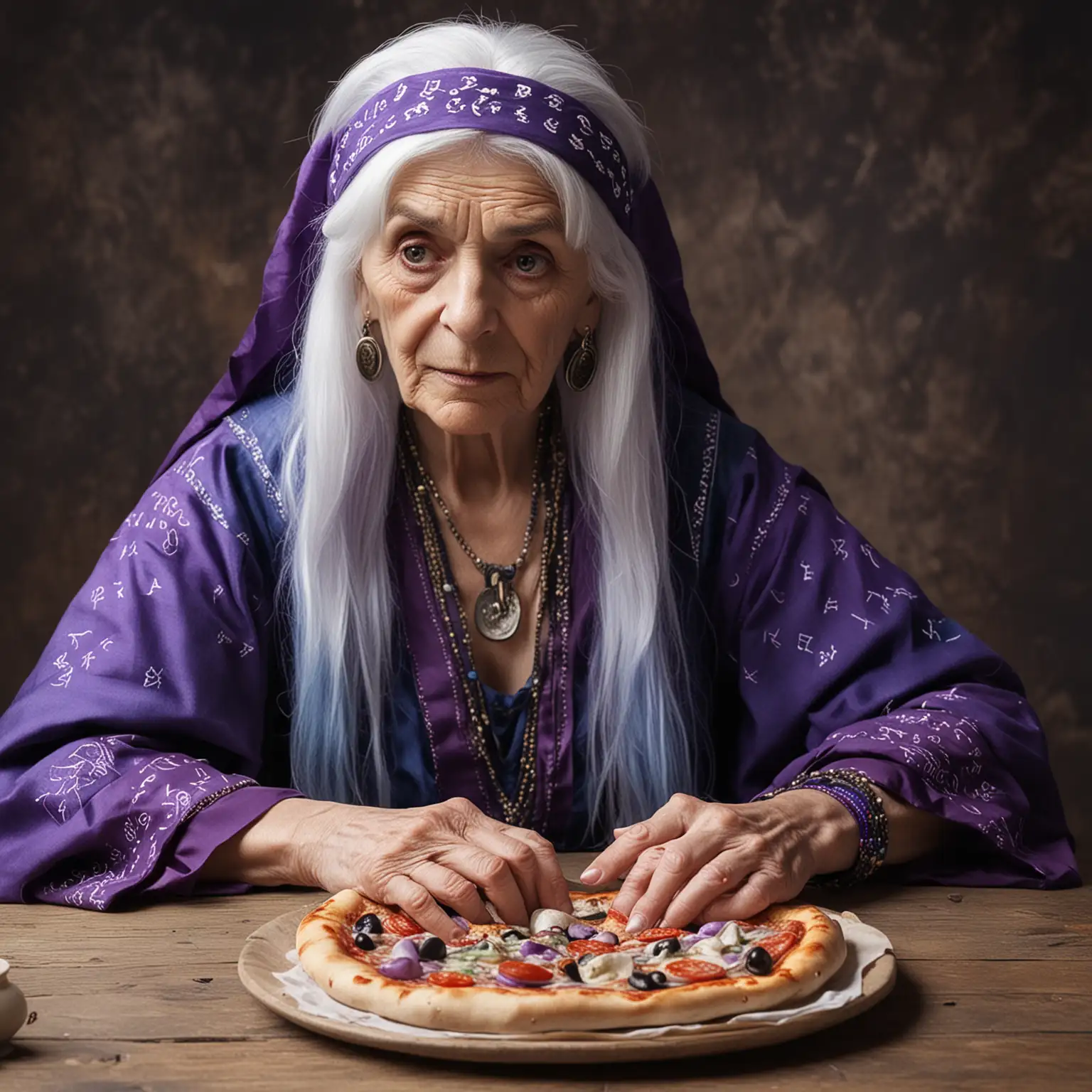 Elderly Fortune Teller in Blue and Purple Garb Foretells Future Over Pizza