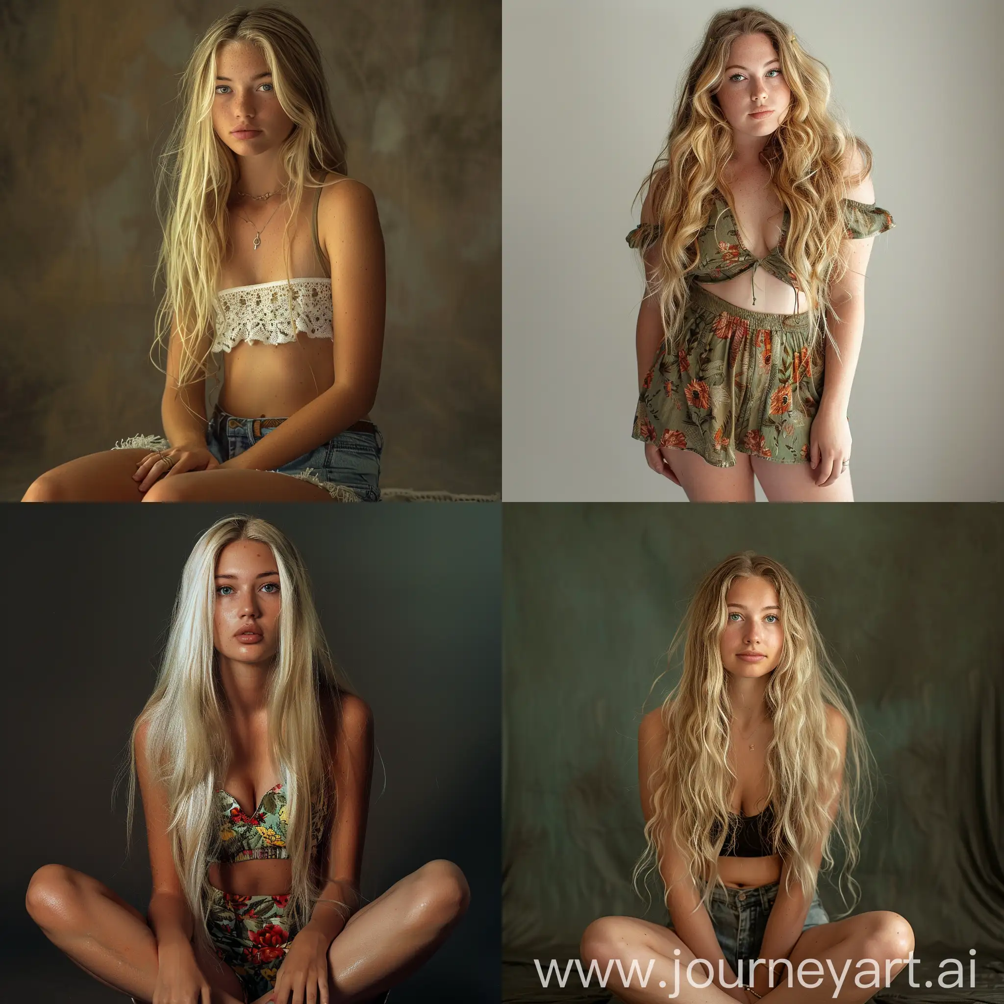 Studio-Portrait-of-Young-Woman-with-Long-Blonde-Hair-in-Beach-Attire