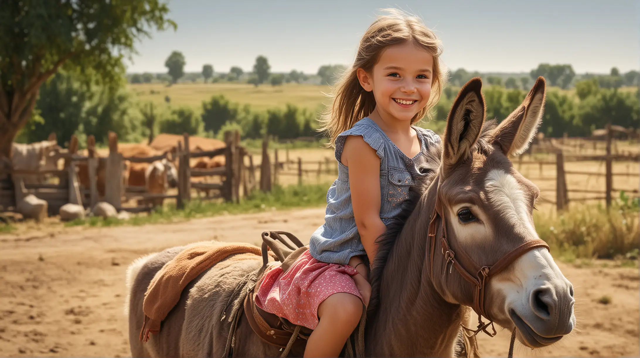 create a hyper realistic image of one little girl sits on a donkey and smiles, a farm background, in the summer