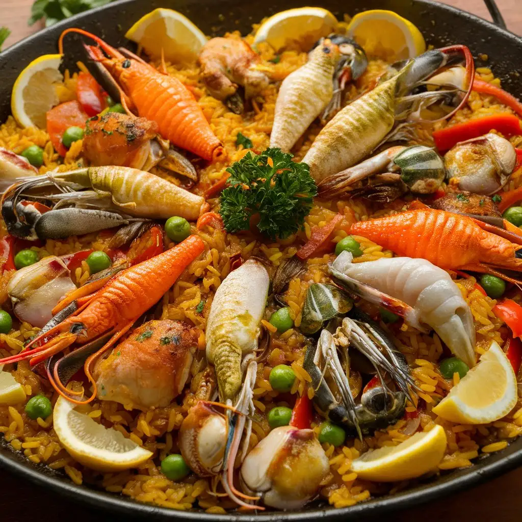 Colorful Mixed Paella with Abundant Seafood and Tender Chicken