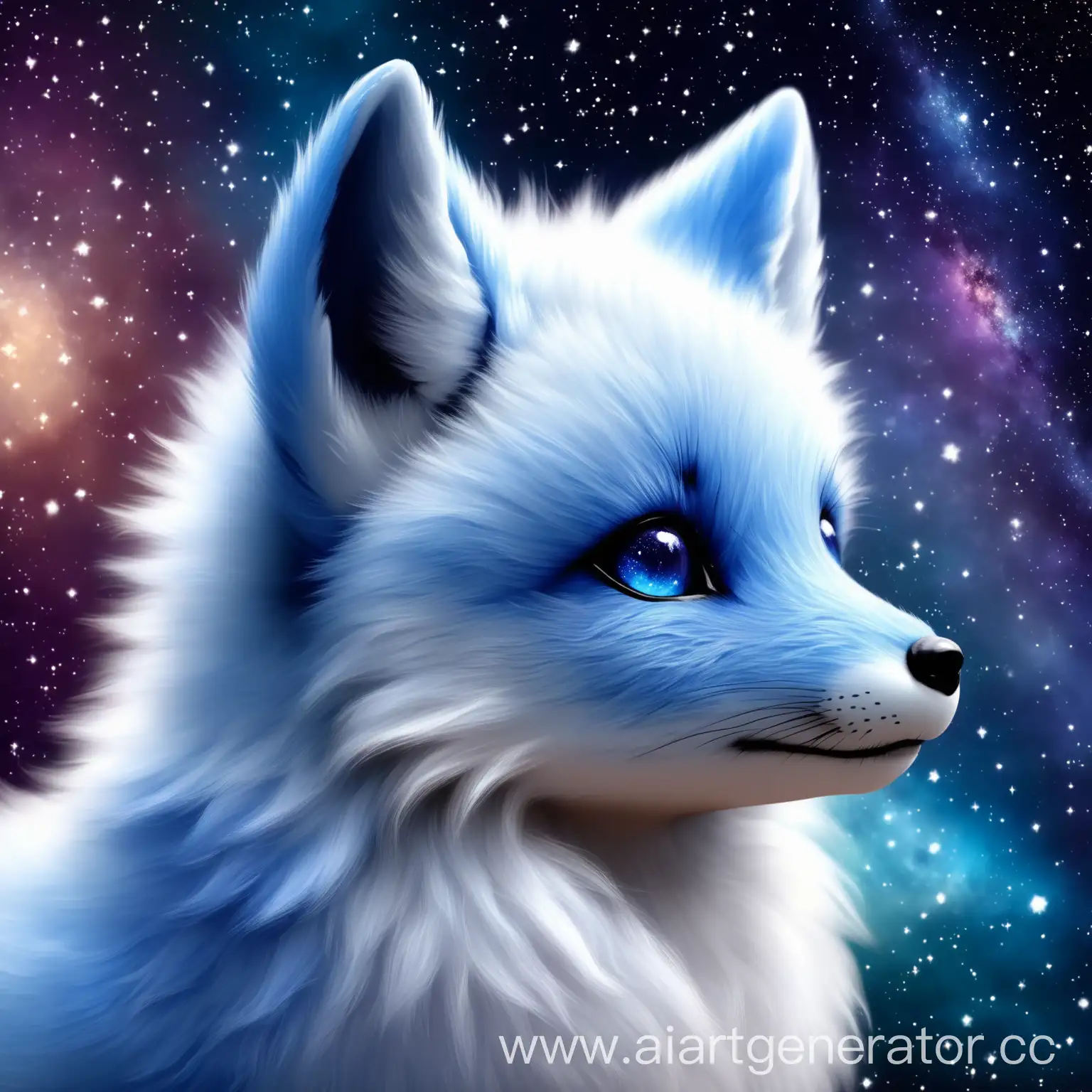 Очень милая и маленькая волшебная пушистая синяя лиса с реалистичным мехом, смотрящая в бок с размытым фоном галактики  