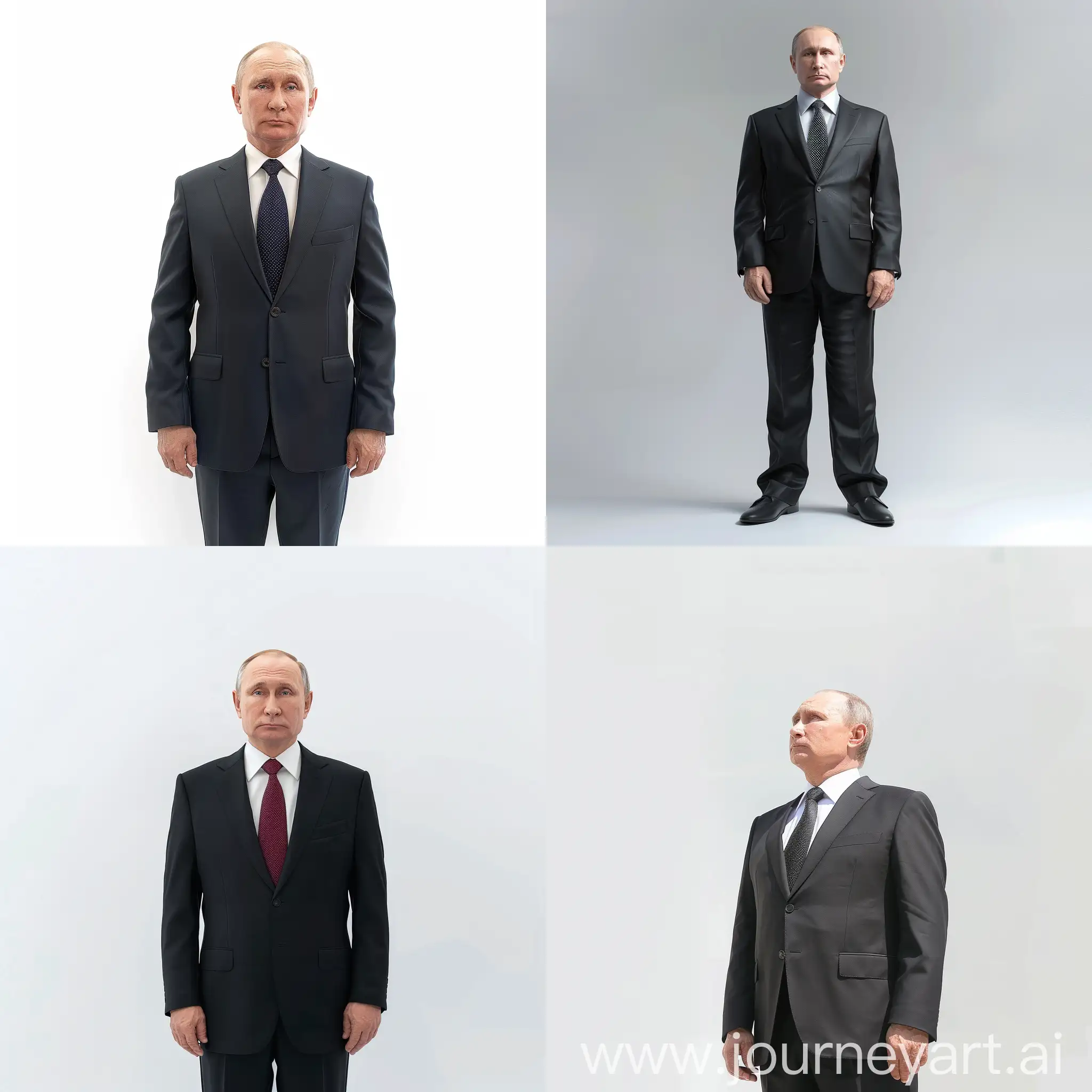 Владимир Путин стоит, белый задний фон, супер детализация, гипер реализм, 8к