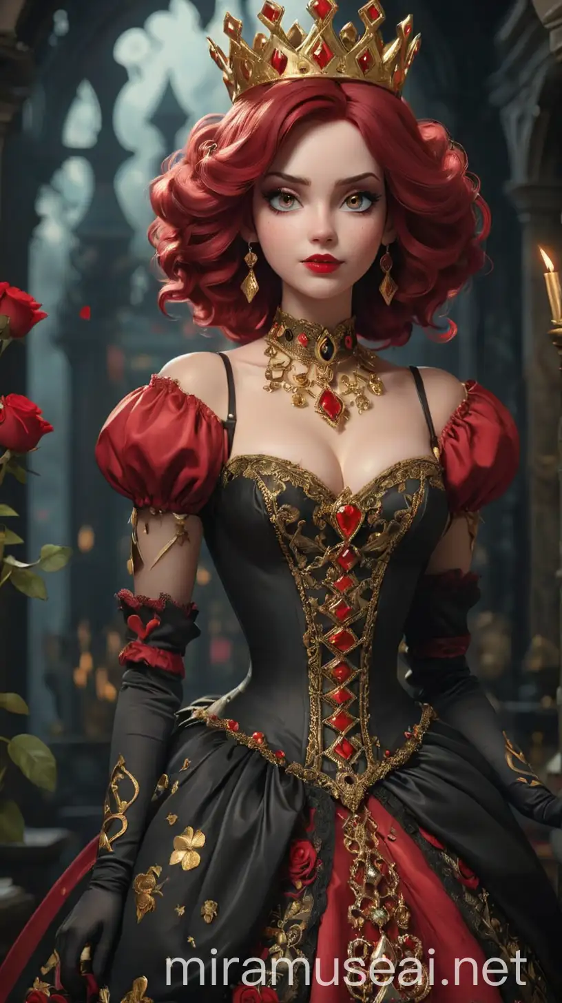 Adult Queen of Hearts is a vision of royal extravagance and whimsical charm. Her presence commands attention with her tall stature and regal bearing. Her skin is porcelain pale, accentuating her sharp features and ruby-red lips that form a mischievous smile, and Vibrant Crimson Red Hair. Adorned in a gown of deep crimson velvet, trimmed with intricate black lace reminiscent of the dark allure of Wonderland. The bodice is adorned with golden embroidery in the shape of hearts and playing cards, a nod to her obsession with games and power. The voluminous skirt billows out around her in layers of cascading fabric, embroidered with winding rose vines and adorned with patches of shimmering gold. A black velvet cape drapes elegantly over her shoulders, lined with blood-red satin and fastened at the neck with a golden heart-shaped clasp. Around her neck, she wears a choker adorned with a large ruby pendant, reflecting the intensity of her passion and desires.Her hair is styled in an elaborate updo, adorned with black roses and golden hairpins shaped like playing card suits. A golden crown sits atop her head, adorned with glittering rubies and black pearls, symbolizing her authority and status as the ruler of Wonderland. In her hand, she carries a scepter topped with a heart-shaped ruby, a symbol of her rule and dominion over the land. Her makeup is bold and dramatic, with winged eyeliner and deep red eyeshadow, complemented by a dusting of gold shimmer on her cheeks. Adult Queen of Hearts embodies the essence of lovecore, queencore, and Wonderland aesthetics, exuding an air of majesty and mystery with her dark and enchanting allure. 
