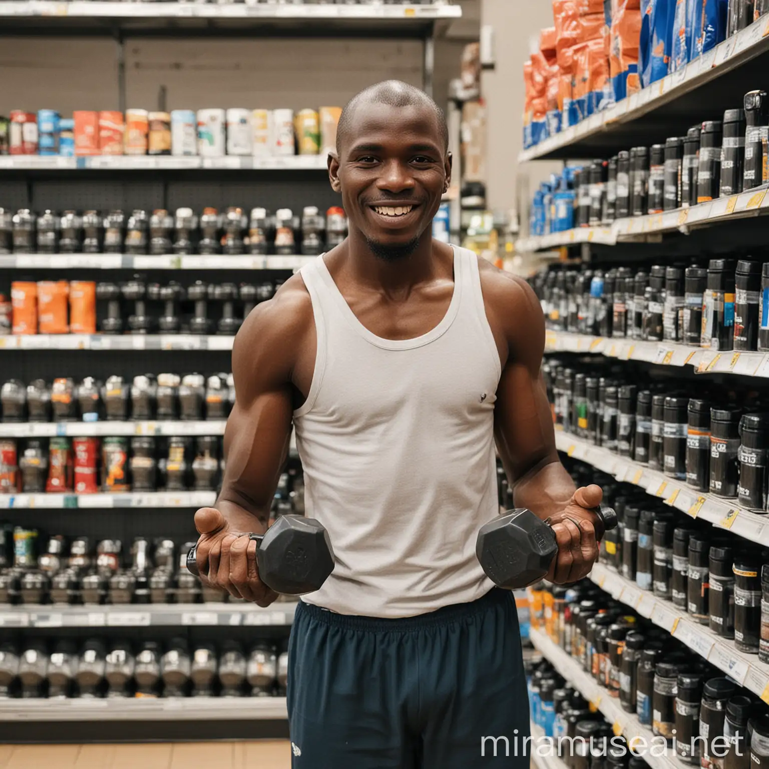 African man selling dumbells in a suoermarket