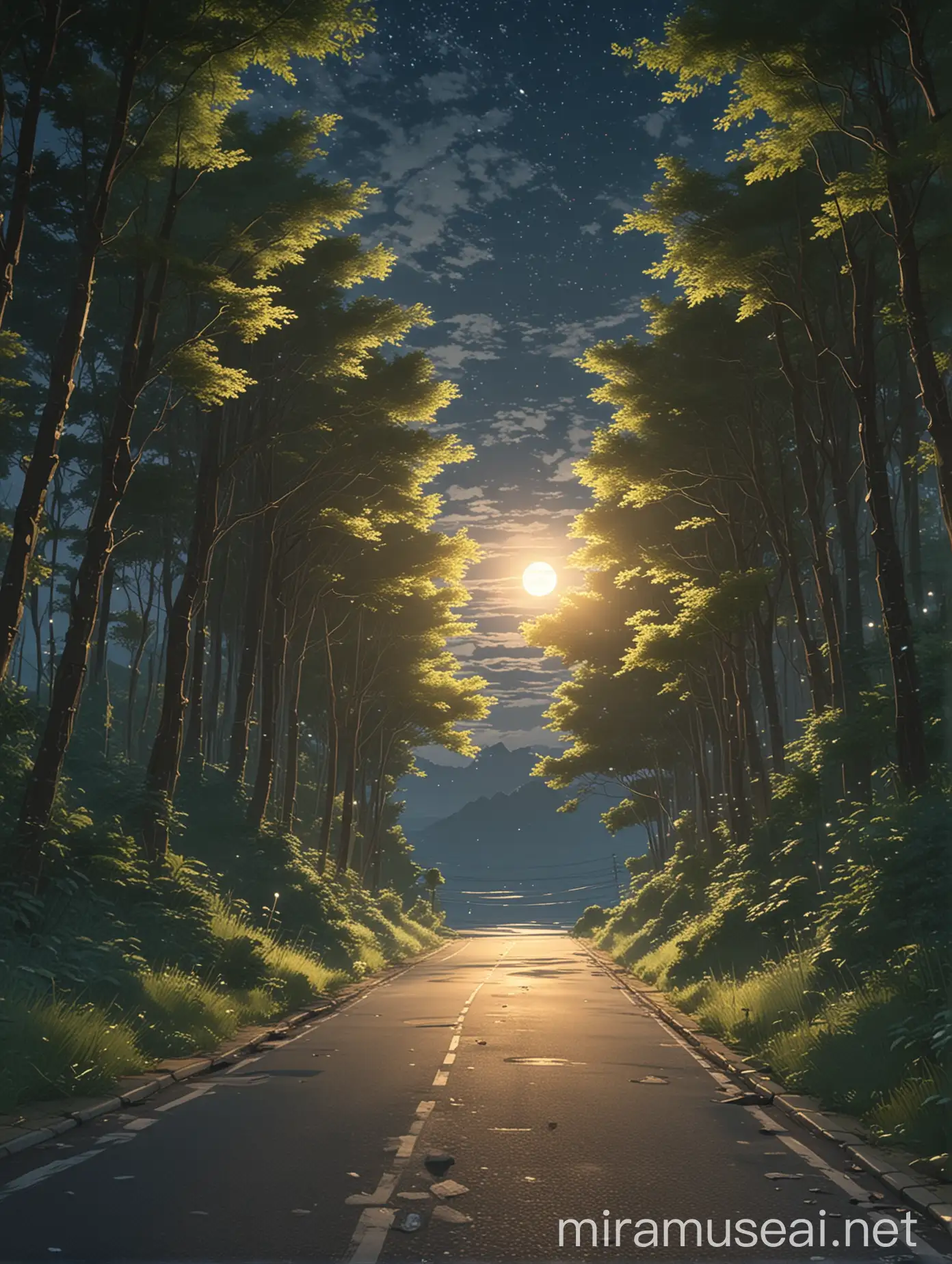 Serene Night Scene Moonlit Winding Road Through Lush Forest