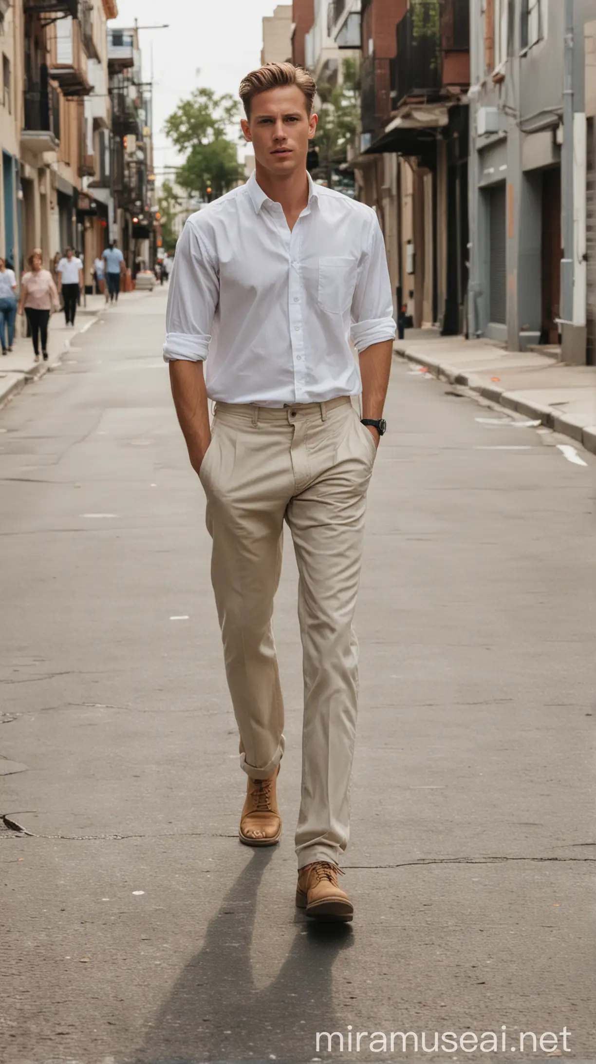 An American men wearing white shirt. walking in a empty street