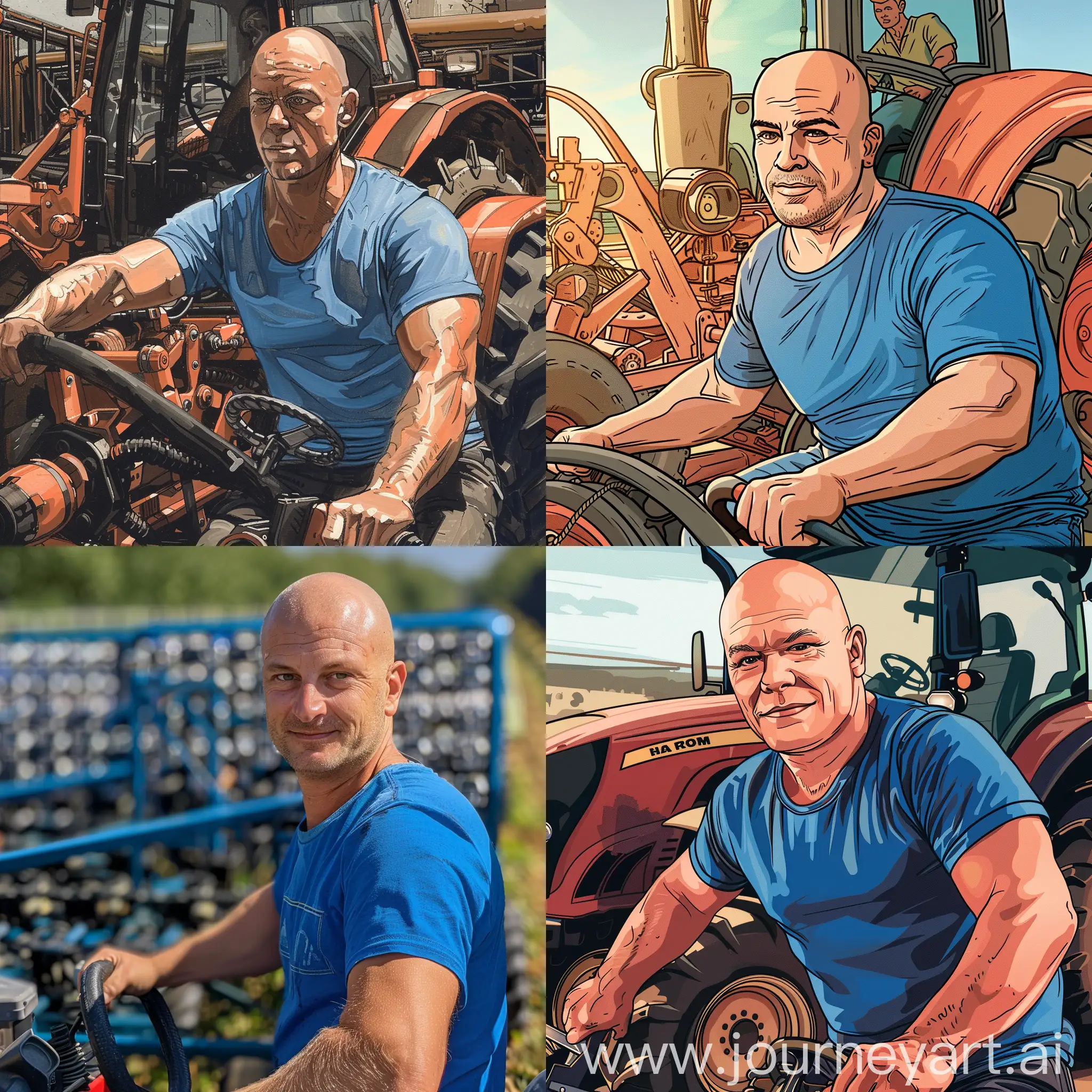 An attractive bald man wearing a blue t-shirt and riding a tractor works on a bitcoin farm.