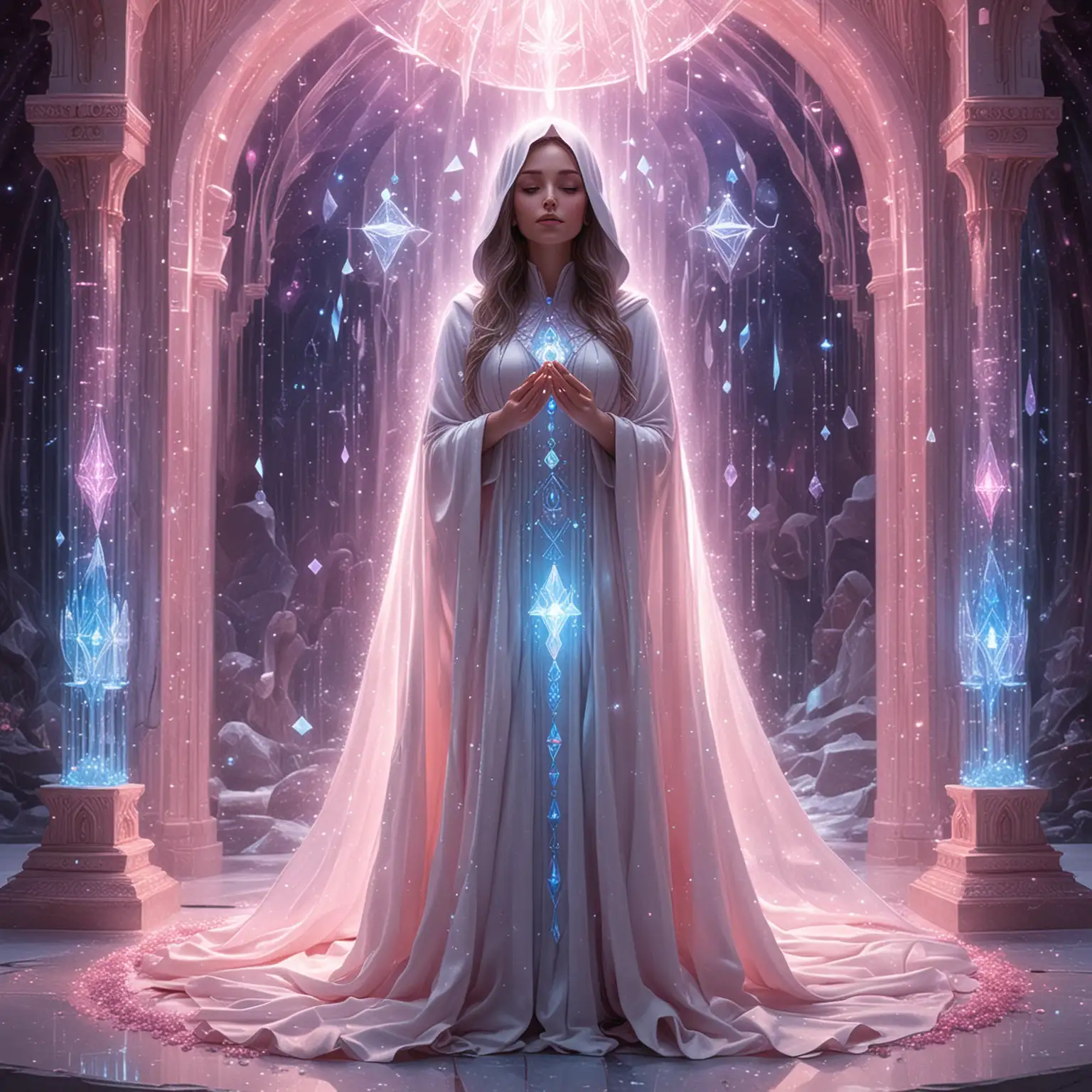 Inside a galactic crystal temple standing on a high crystal platform is a tall and slender beautiful blue pleadian being  dressed in long white, pink and lavender glowing bejeweled iridescent straight cloak with hood, arms by her side, surrounded a lot of bright lights and geometric crystals from a bright symbol above her and a bright light emitting from her hands