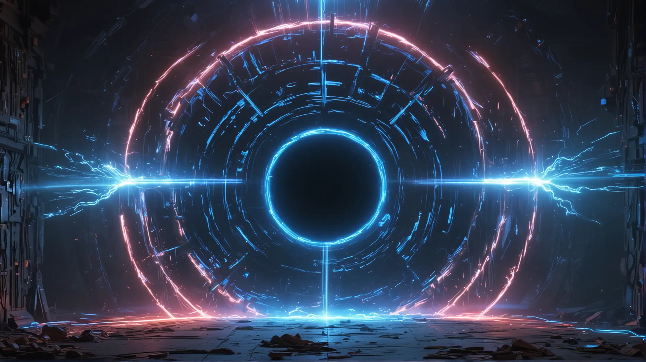 Large Circular Time Portal with Neon Glowing Lights and Electric Blue Lasers