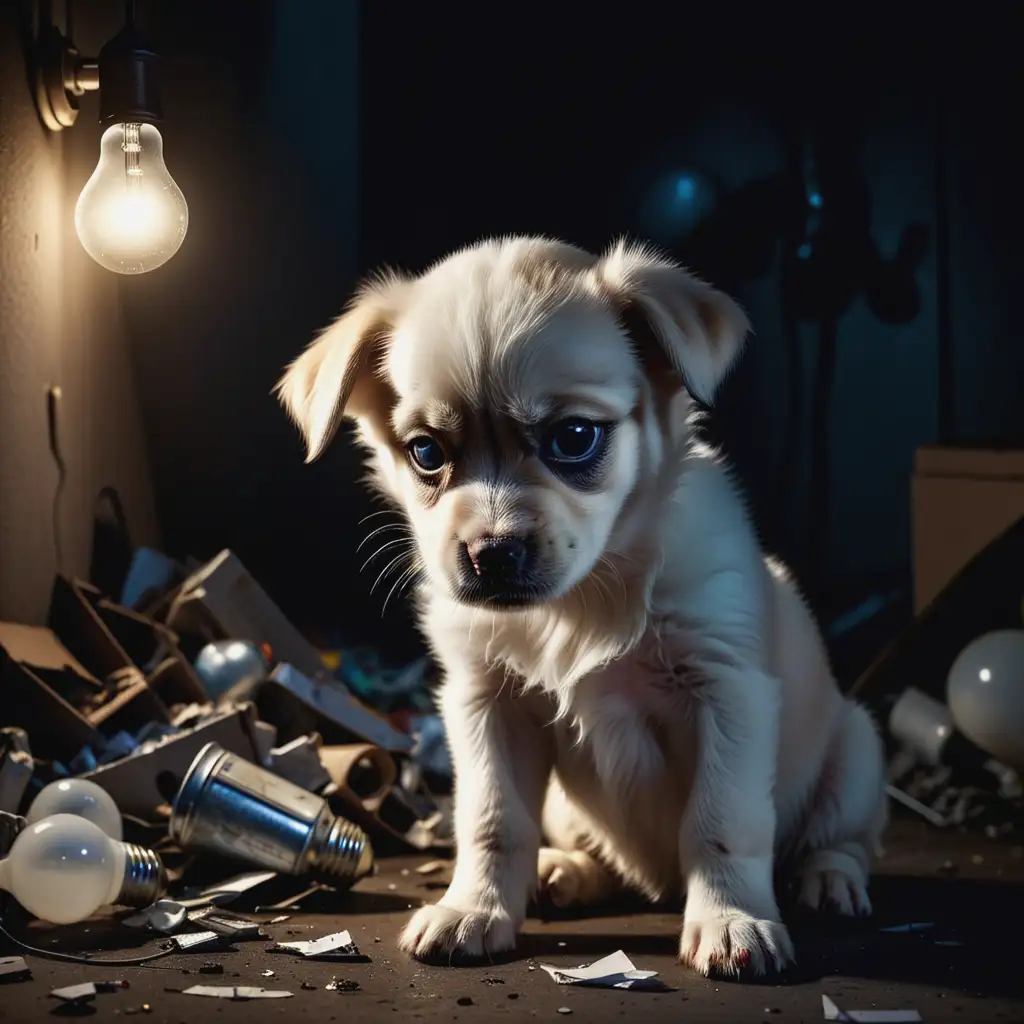 Lonely Puppy with Tear in Dark Room Surrounded by Junk