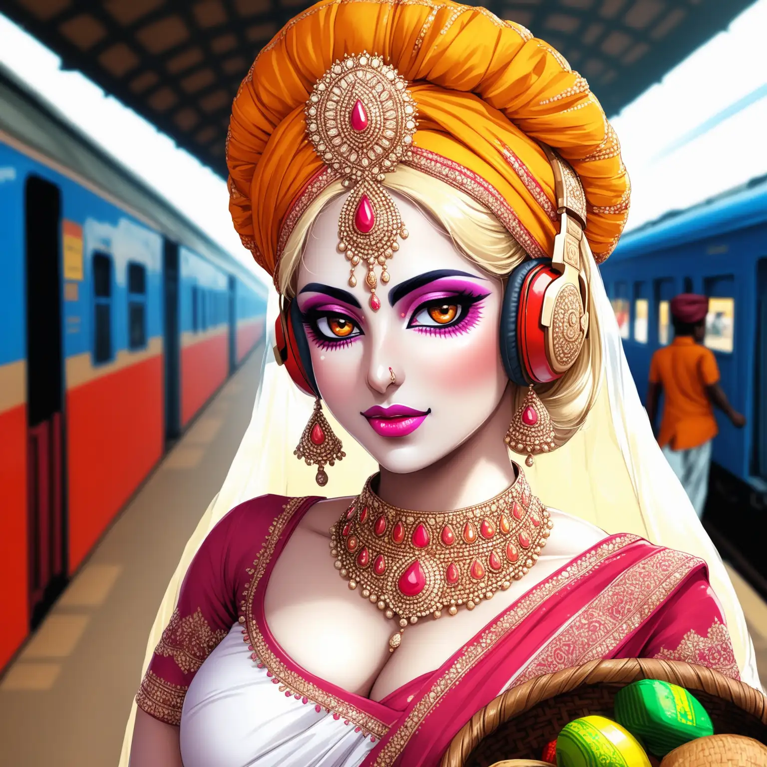 Indian-Woman-Selling-Goods-at-Train-Station-in-Traditional-Attire