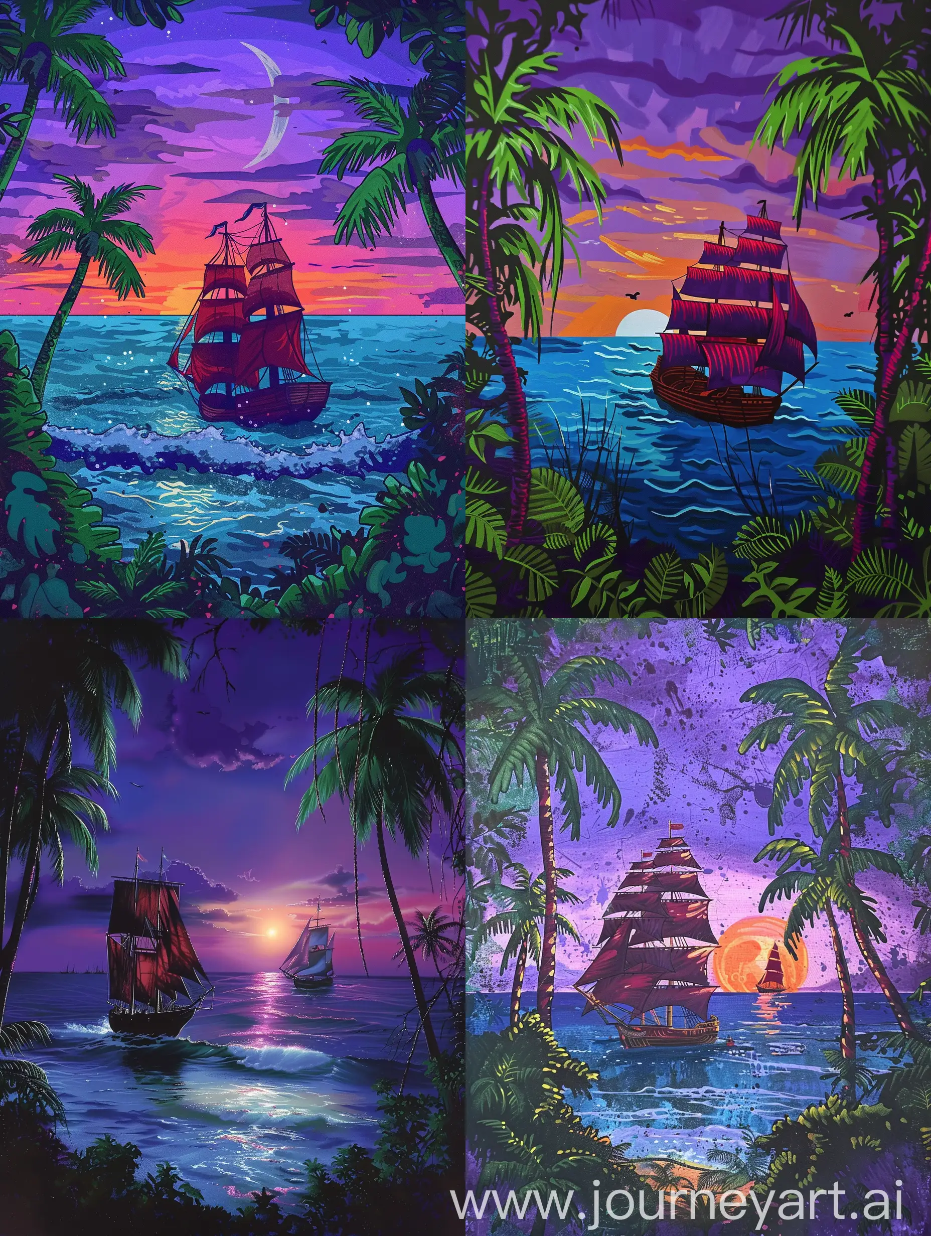 Crimson-Sails-Ship-at-Purple-Sunset-Serene-Tropical-Seascape