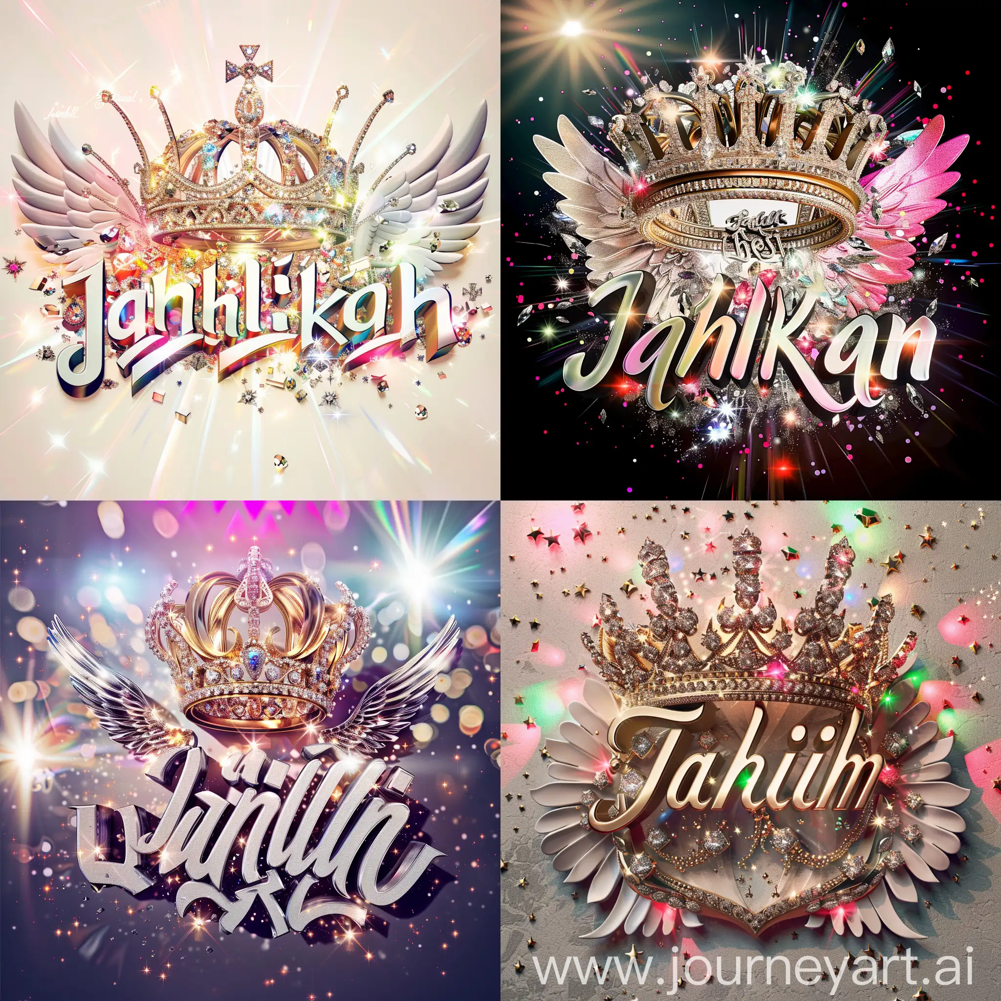 Elegant 3D typography with the name. " Jahil khan" with an elegant crown and fine diamonds with sparkles of bright colors and angel wings, photo, typography, vibrantv0.1, graffiti, illustration, photo, product, fashion, poster