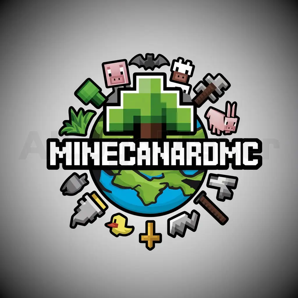 a logo design,with the text "MineCanardMC", main symbol:tree, grass block, pig, cow, bat, bunny, pickaxe, sword  duck earth,complex,be used in Minecraft industry,clear background