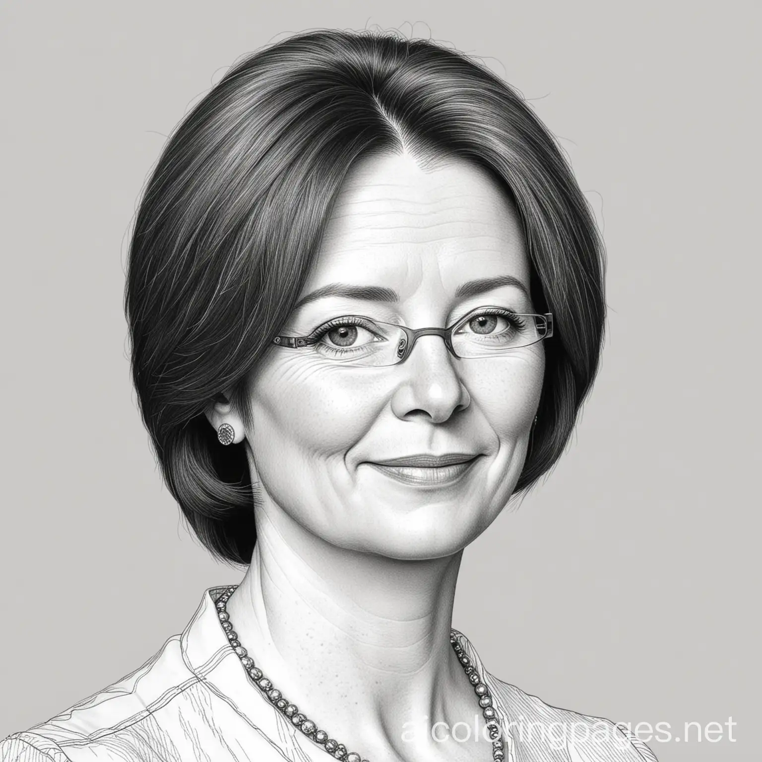 A portrait of Julia Gillard, Coloring Page, black and white, line art, white background, Simplicity, Ample White Space. The background of the coloring page is plain white to make it easy for young children to color within the lines. The outlines of all the subjects are easy to distinguish, making it simple for kids to color without too much difficulty