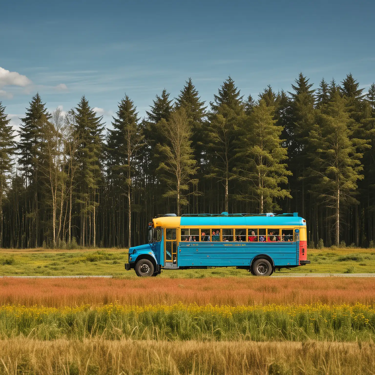 Vibrant School Bus Journey through Countryside Fields