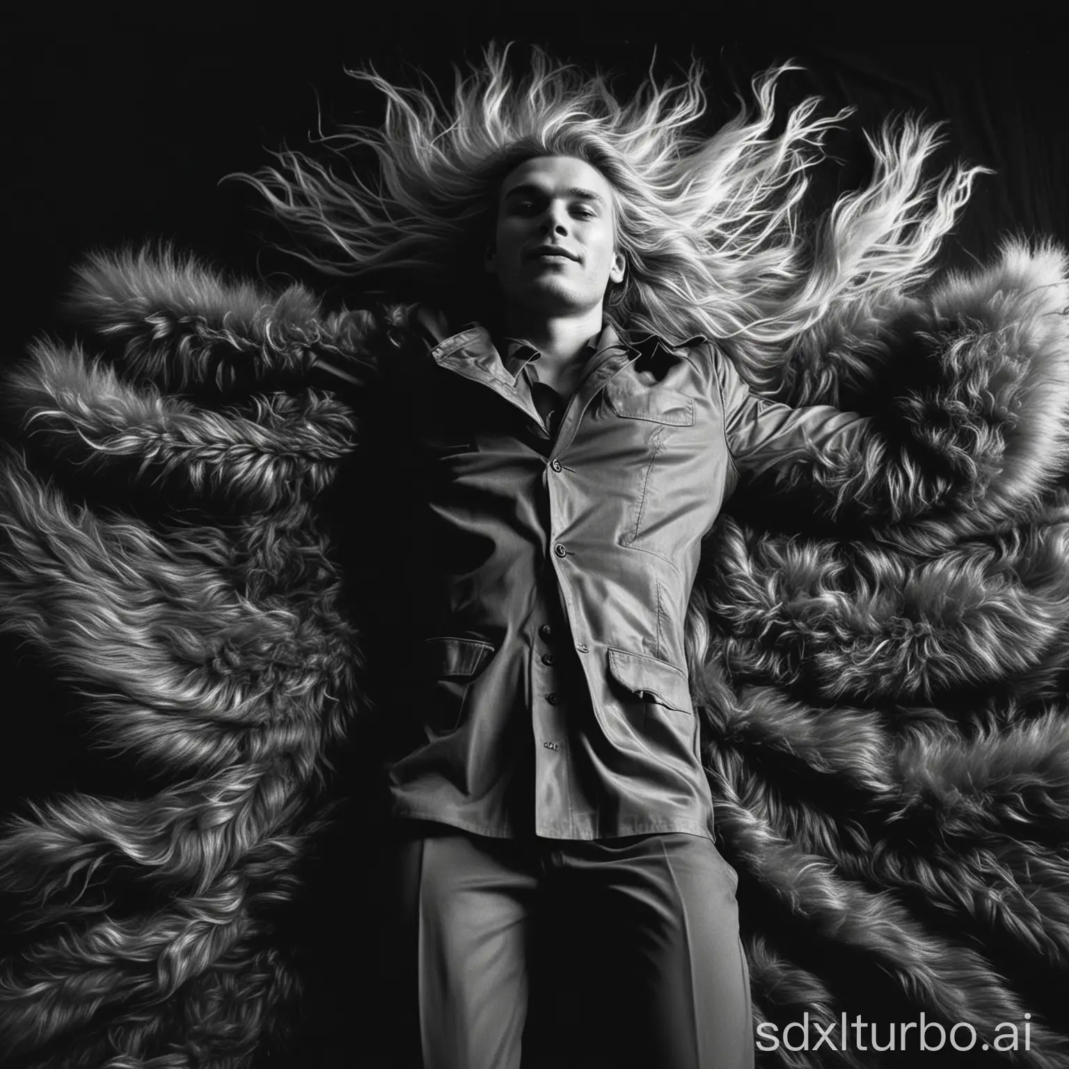 A white man with long, wavy, messy blond hair, dressed in a fur coat. Lying on the floor, arms outstretched, on top of black silk. On black background and uniform color, in a 1980s photographic studio. Photograph. Artistic photography from the 1980s. Photograph by Richard Corman. https://richardcorman.com/. Bokeh effect with grain in the photograph. Grayscale. Artificial light. Short medium shot.