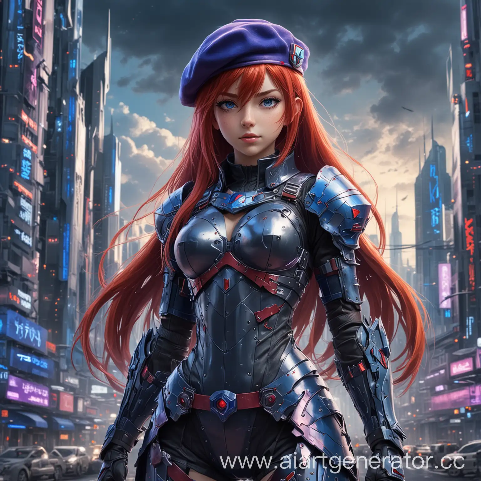 Anime girl in full armor, without helmet, with red hair, long hair, violet eyes, blue aiguillette, beret, full height, against the background of a futuristic city