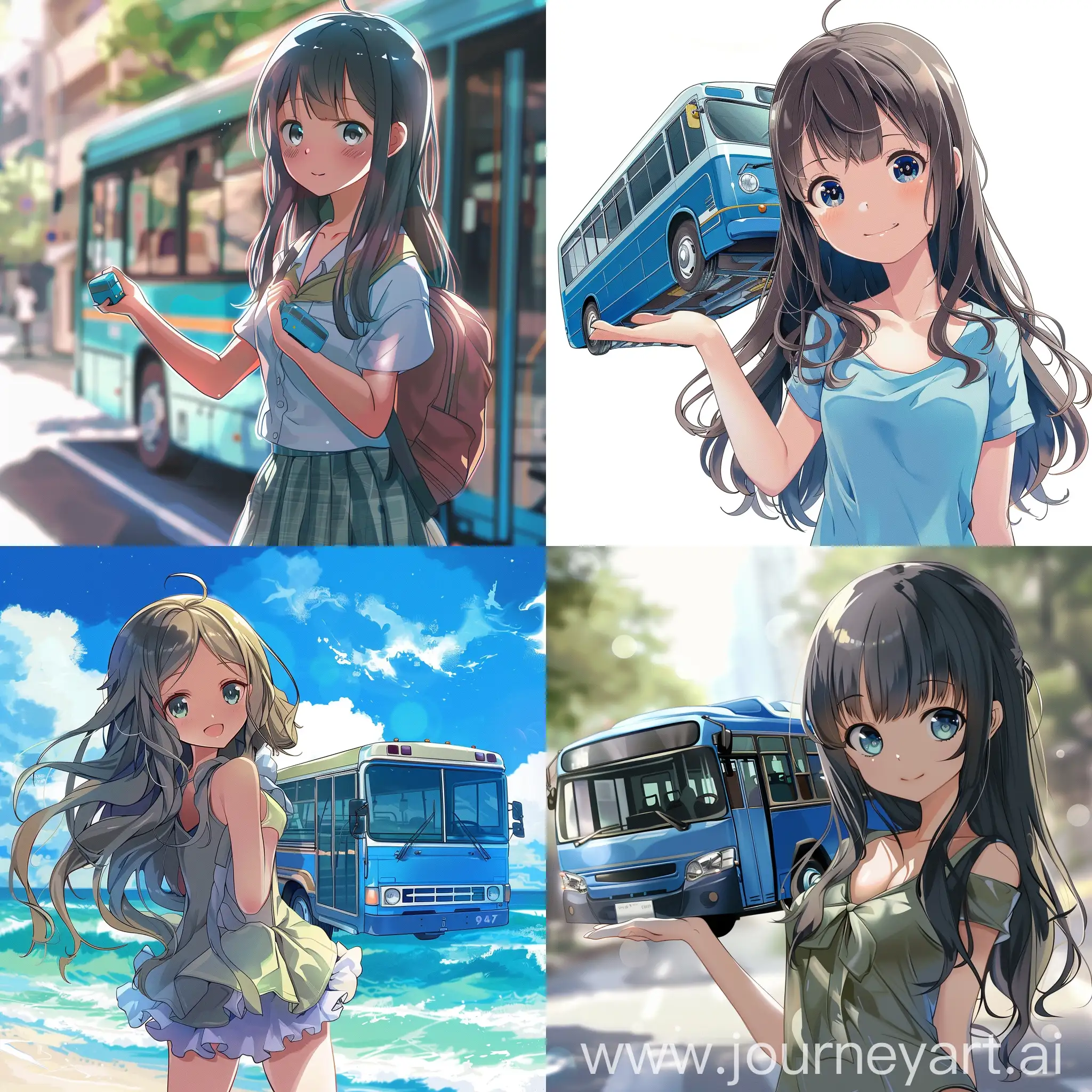 аниме девочка с синим автобусом в руке без фона в стиле аниме
