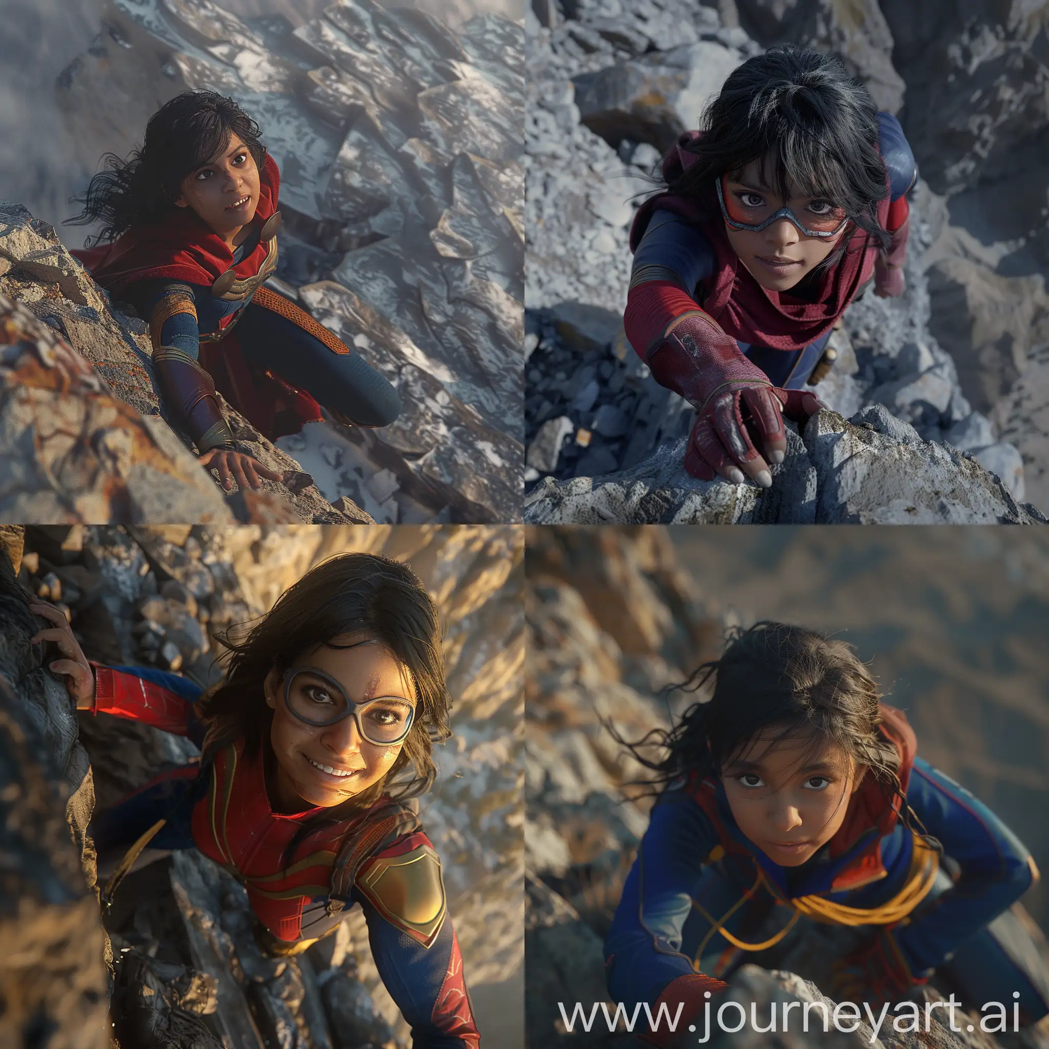 portrait of kamala khan,climbing up a mountain,high quality photography,high detailed defined skin pores,giggling,(skinny:1.3),detailed irises and pupils,sharp focus,dynamic lighting,moody,film grain,film,Cinematic,Canon EOS R3,4k textures,8k resolution, 