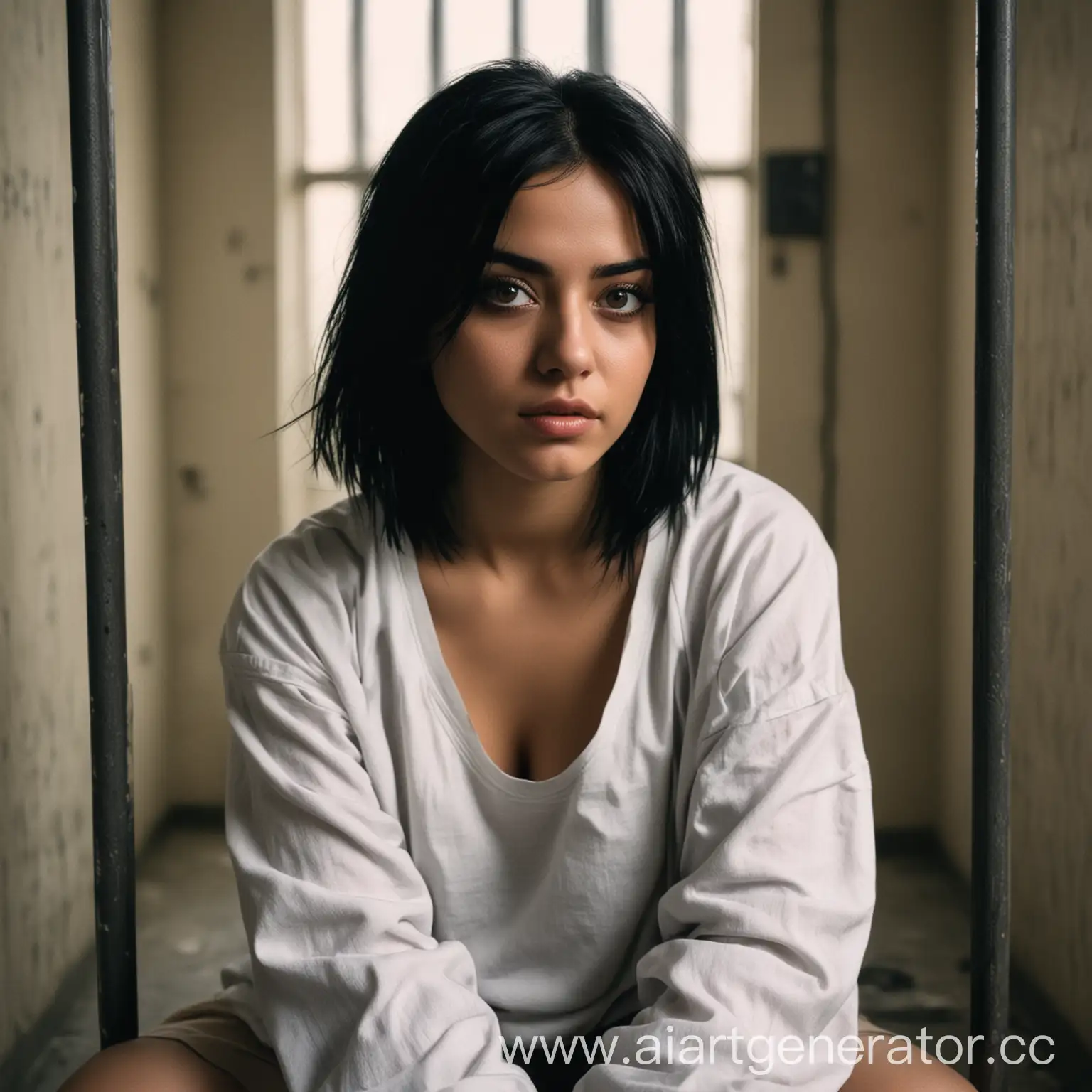 Девушка с черными волосами, темными глазами сидящая в тюремной камере