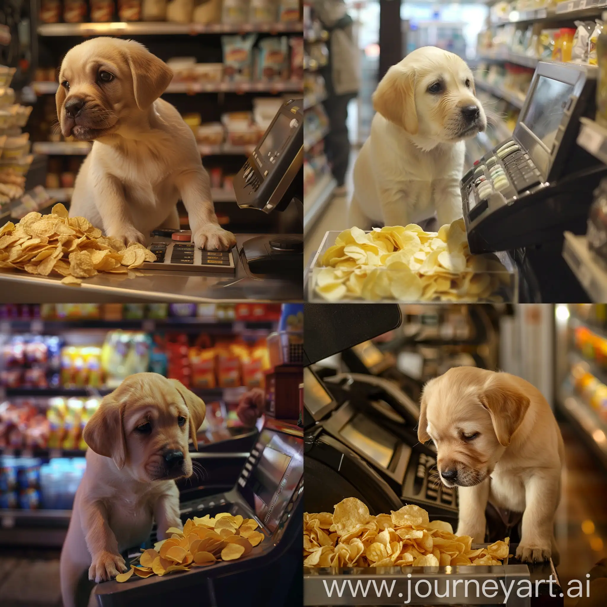 Изображение желтого щенка в магазине, он стоит перед кассой, он собираться купить чипсы, но у него нету денег, он плачет и грустит реалистичный 4k