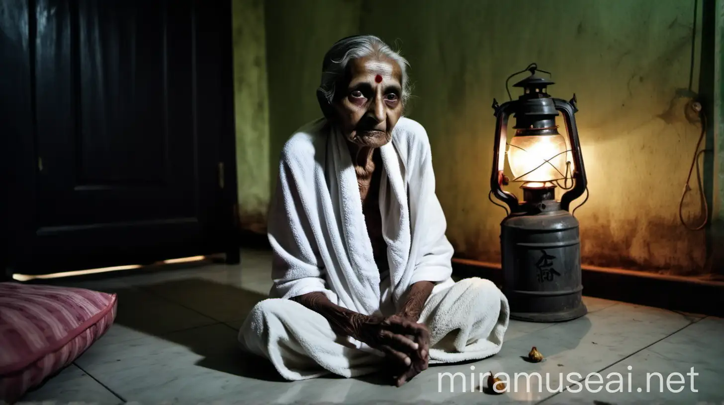 a thin indian old woman aged 90 years old is sitting on bed in a bed room wearing a dirty white towel in her body and a lantern is on the floor, its a dark room a cat is there 
