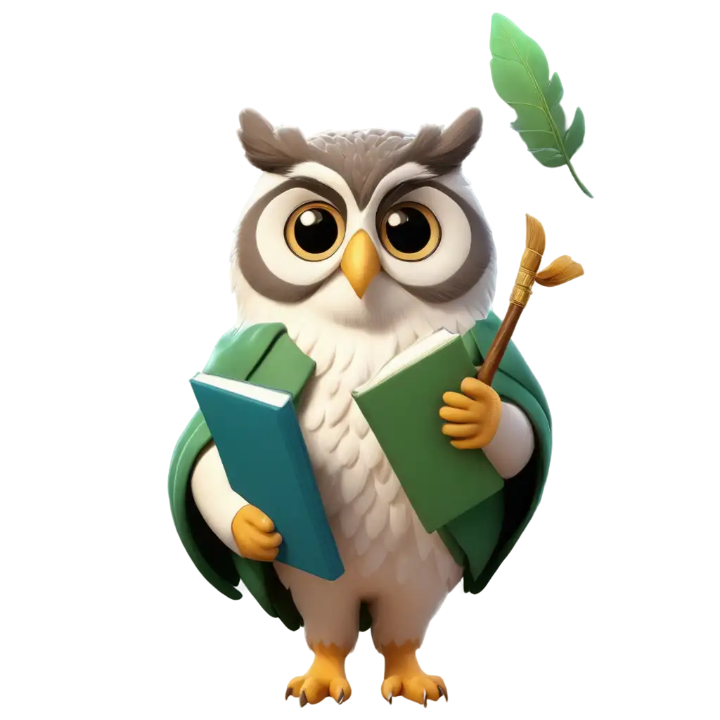 cute 3d realistic owl use green, white as main owl colors, wearing a university hat and a rob as books author(writer) use violet and gold and white as main clothes colors, holding a feather and a pen and behind the owl there are some books