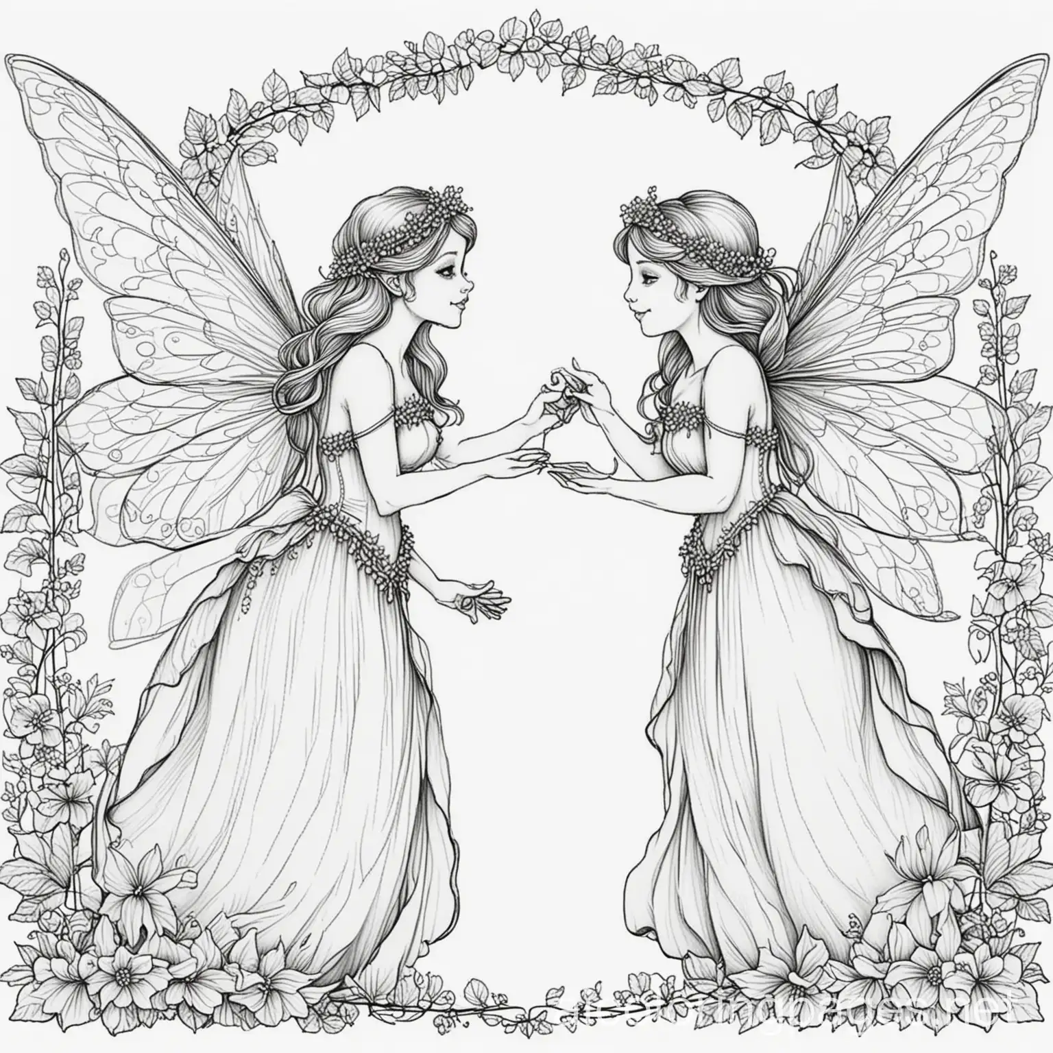 Fairies marrying each other, Coloring Page, black and white, line art, white background, Simplicity, Ample White Space. The background of the coloring page is plain white to make it easy for young children to color within the lines. The outlines of all the subjects are easy to distinguish, making it simple for kids to color without too much difficulty