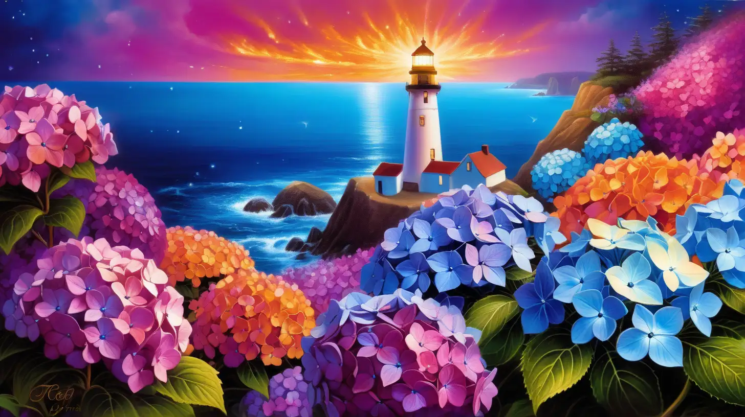 florescent fairytale Hydrangeas with lighthouse. Periwinkle and sky blue (#87CEEB) and golden-magenta in golden dust and a magical orange glowing ocean of luminescent  magenta flowers, giant magenta-fire in the sky among galaxies.