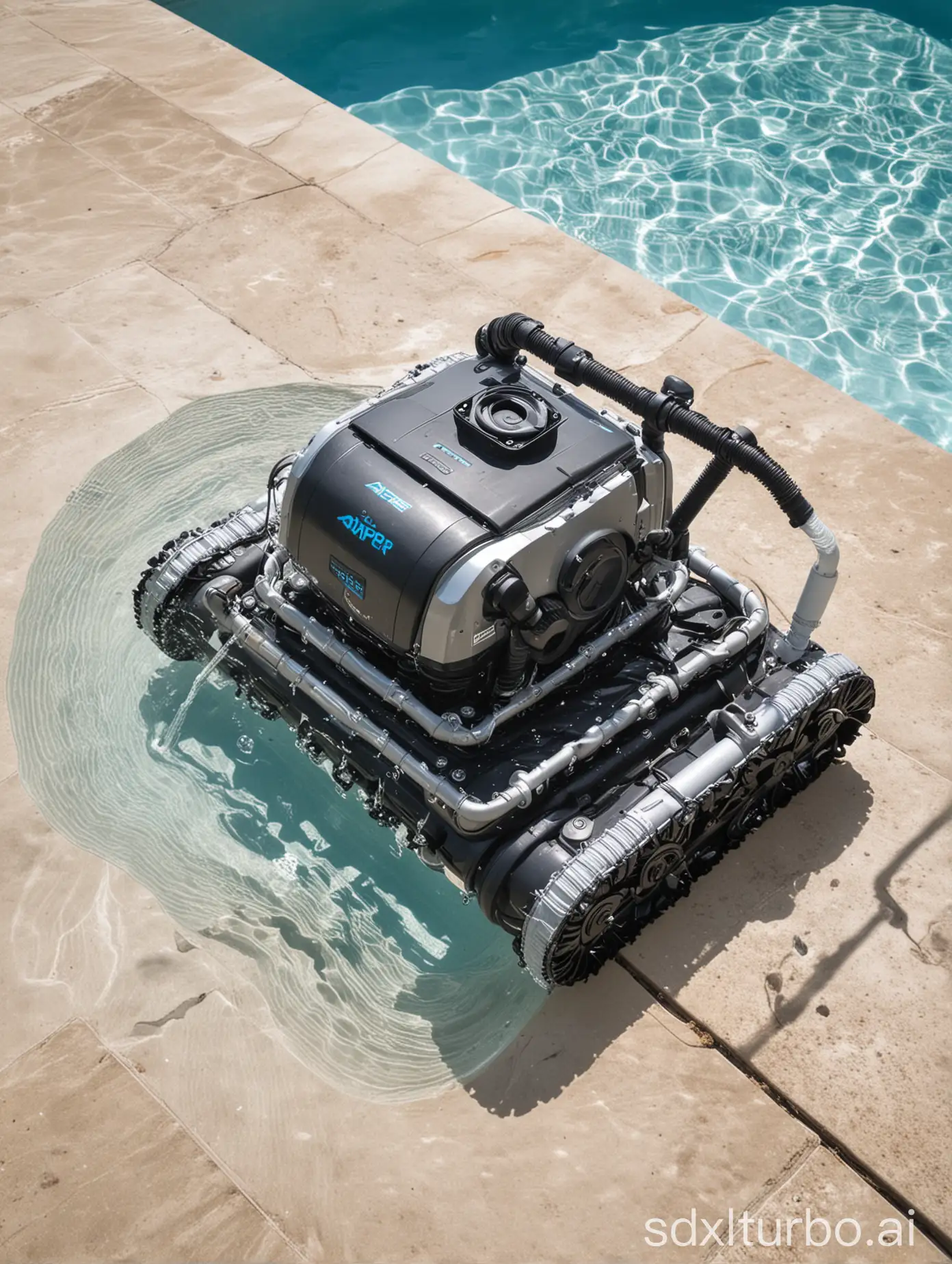 A robotic pool cleaner, the Aiper Scuba S1, cleaning a swimming pool. The pool cleaner is shown floating in the pool, with its suction hoses attached to the pool's filtration system. The pool cleaner is cleaning the pool floor, and the water is crystal clear.