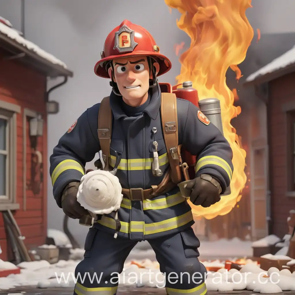 Cartoon-Fireman-Extinguishing-Fire-with-Foam-Actionpacked-Firefighter-Scene